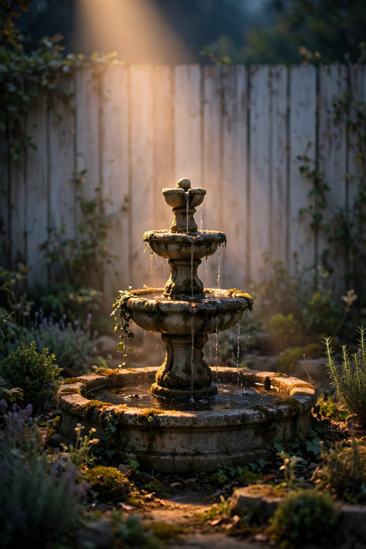 Narrow spotlight accenting a garden fountain layered over a soft washed fence backdrop
