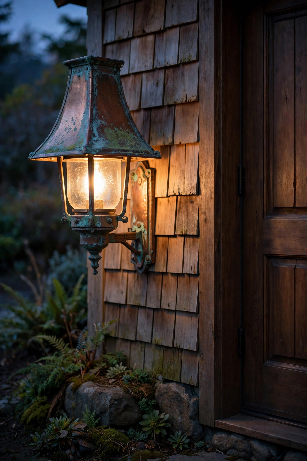 Aged copper craftsman sconce with soft verdigris patina beside a cedar shingle bungalow entry at dusk