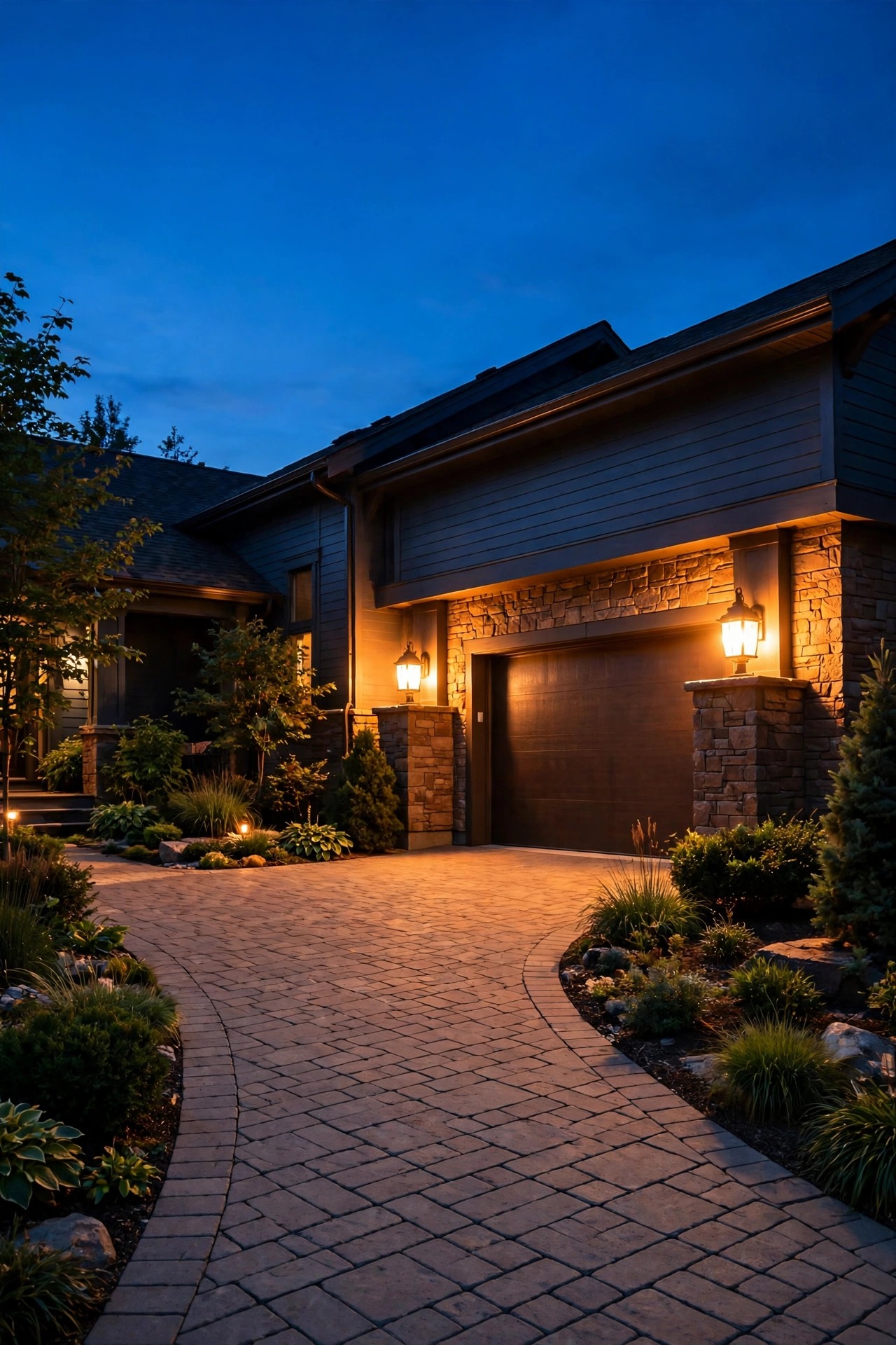 Garage coach lights brightening to full warm glow over a driveway at dusk as a visual arrival alert