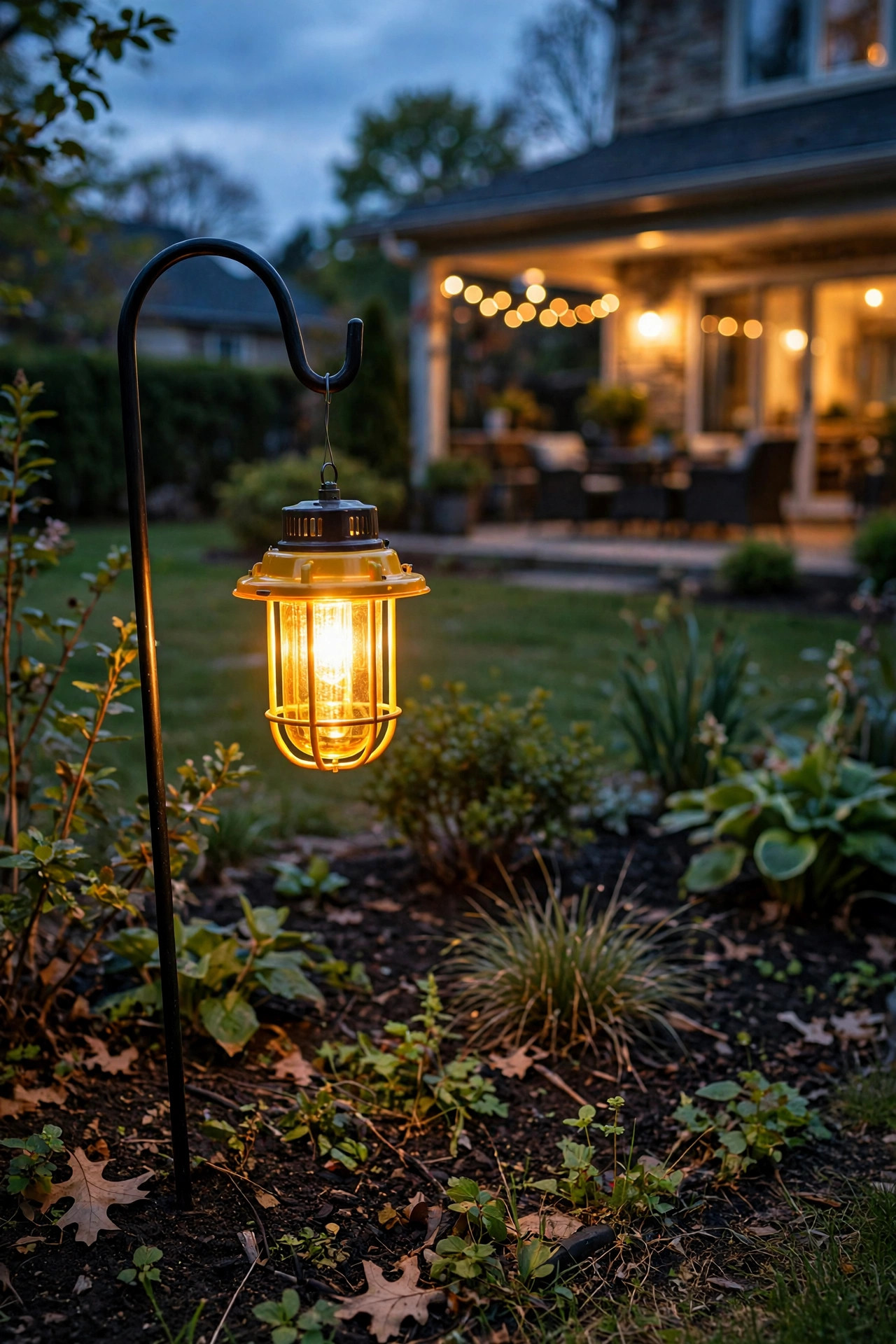 Amber garden light glowing near a distant fence as a decoy while a dim yoga space stays calm in the foreground