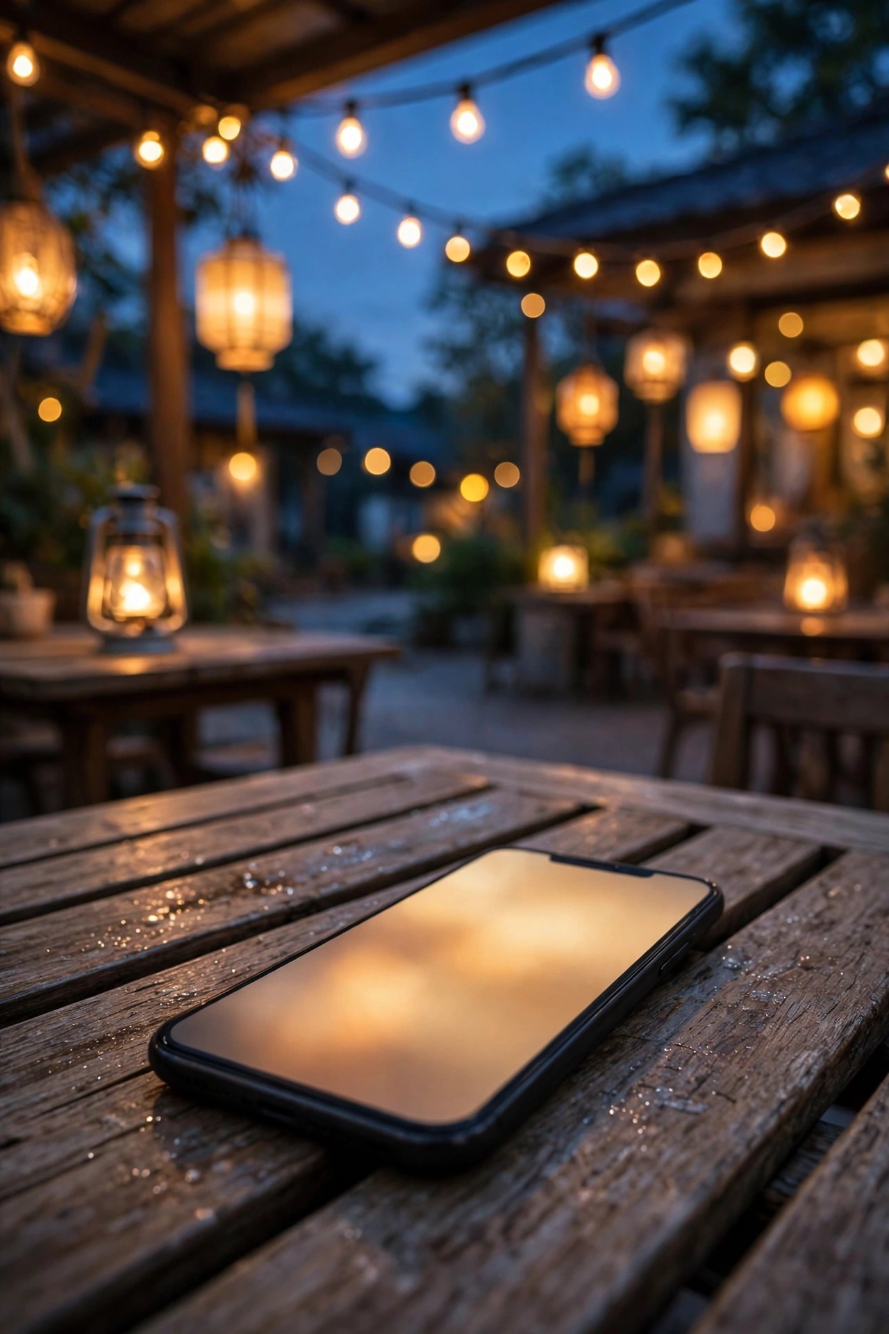 Phone on a rental patio table showing a lighting app with warm scenes while string and lantern light glow behind it