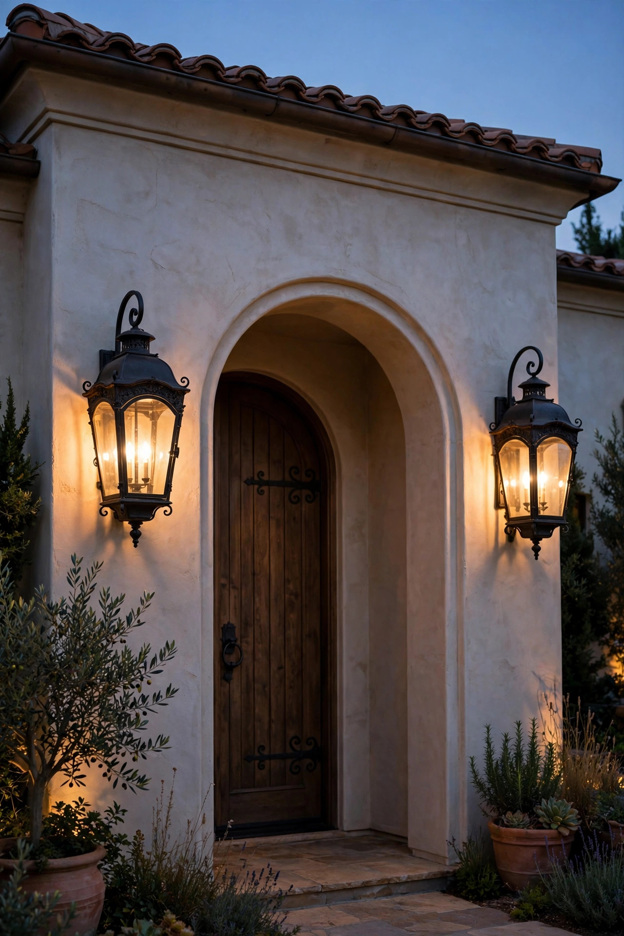 Oversized arched-top lantern sconces flanking a Mediterranean-style arched entryway on a large stucco home at dusk