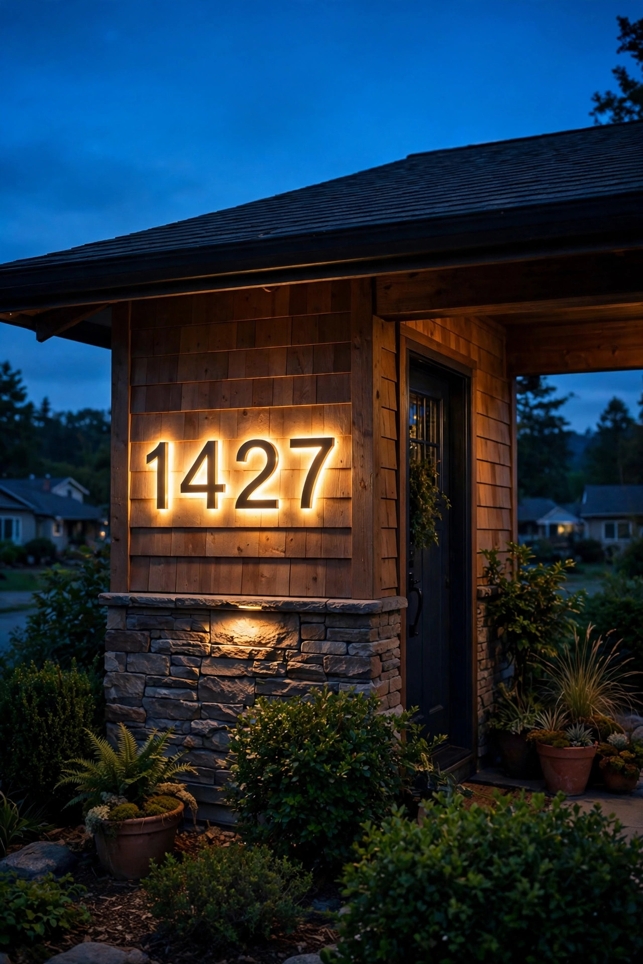 Warm backlit house numbers glowing on the front wall of a ranch home near the entry