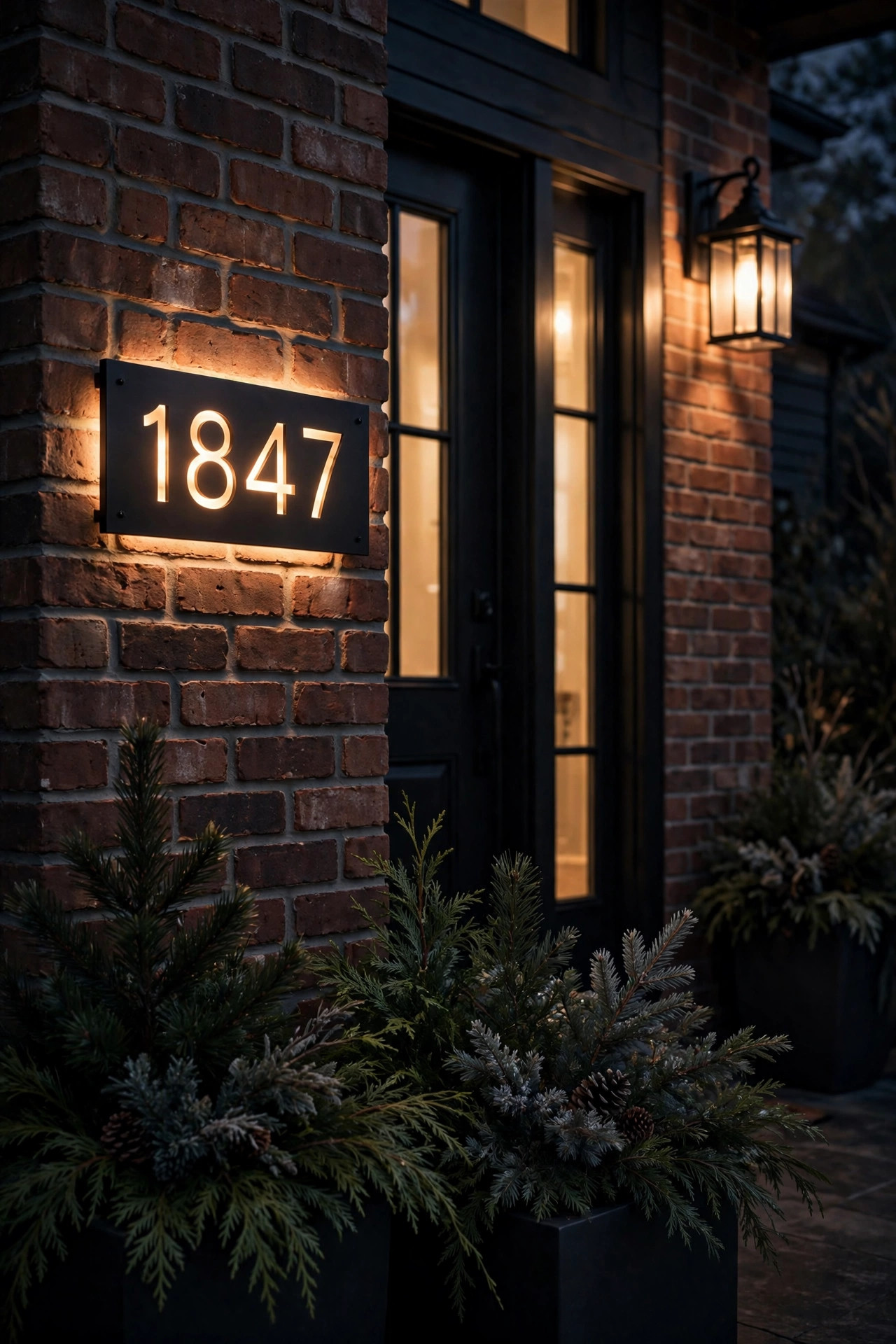 Backlit house number plaque glowing beside a front door at night