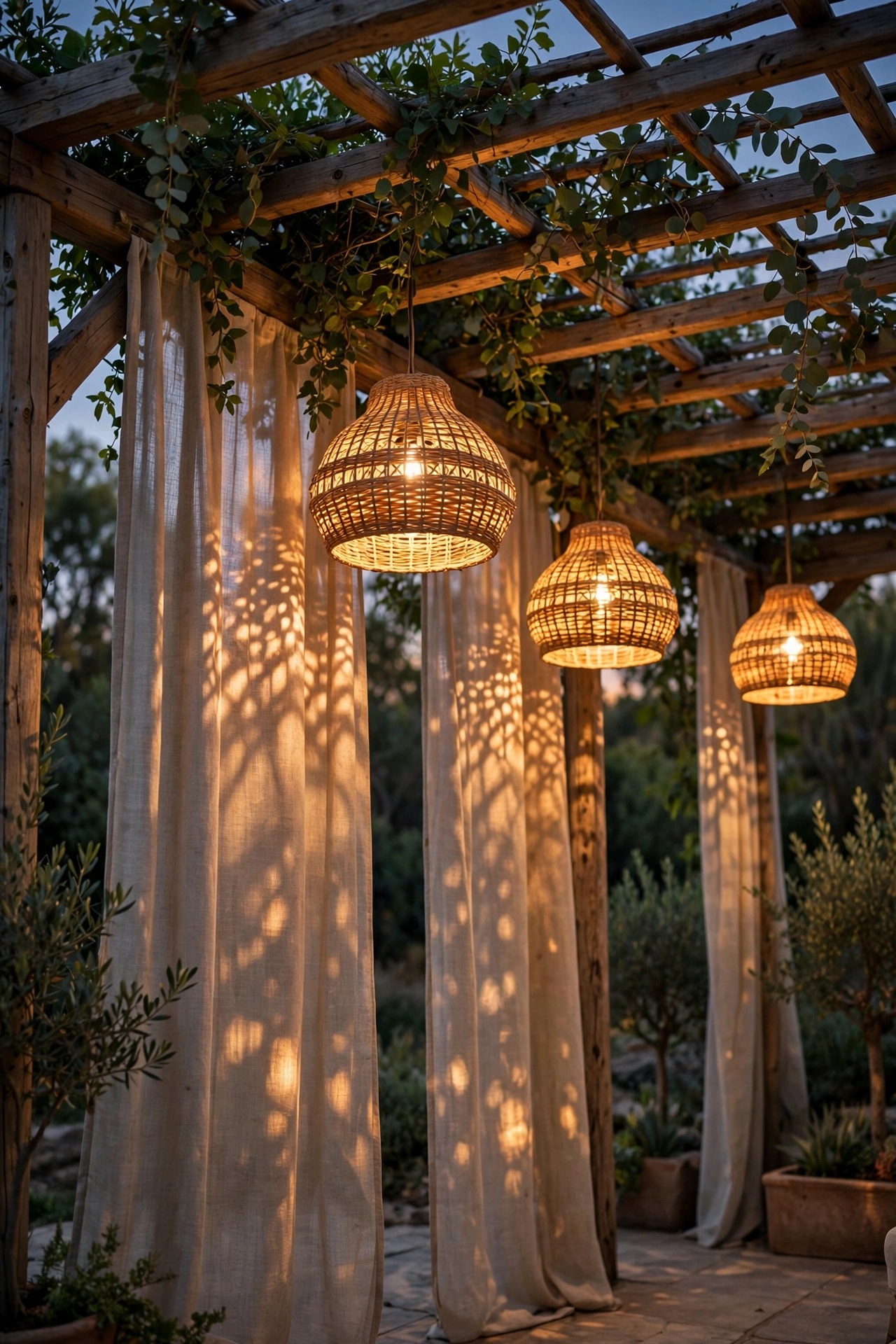 Woven basket pendant lights casting dappled light onto pergola curtains
