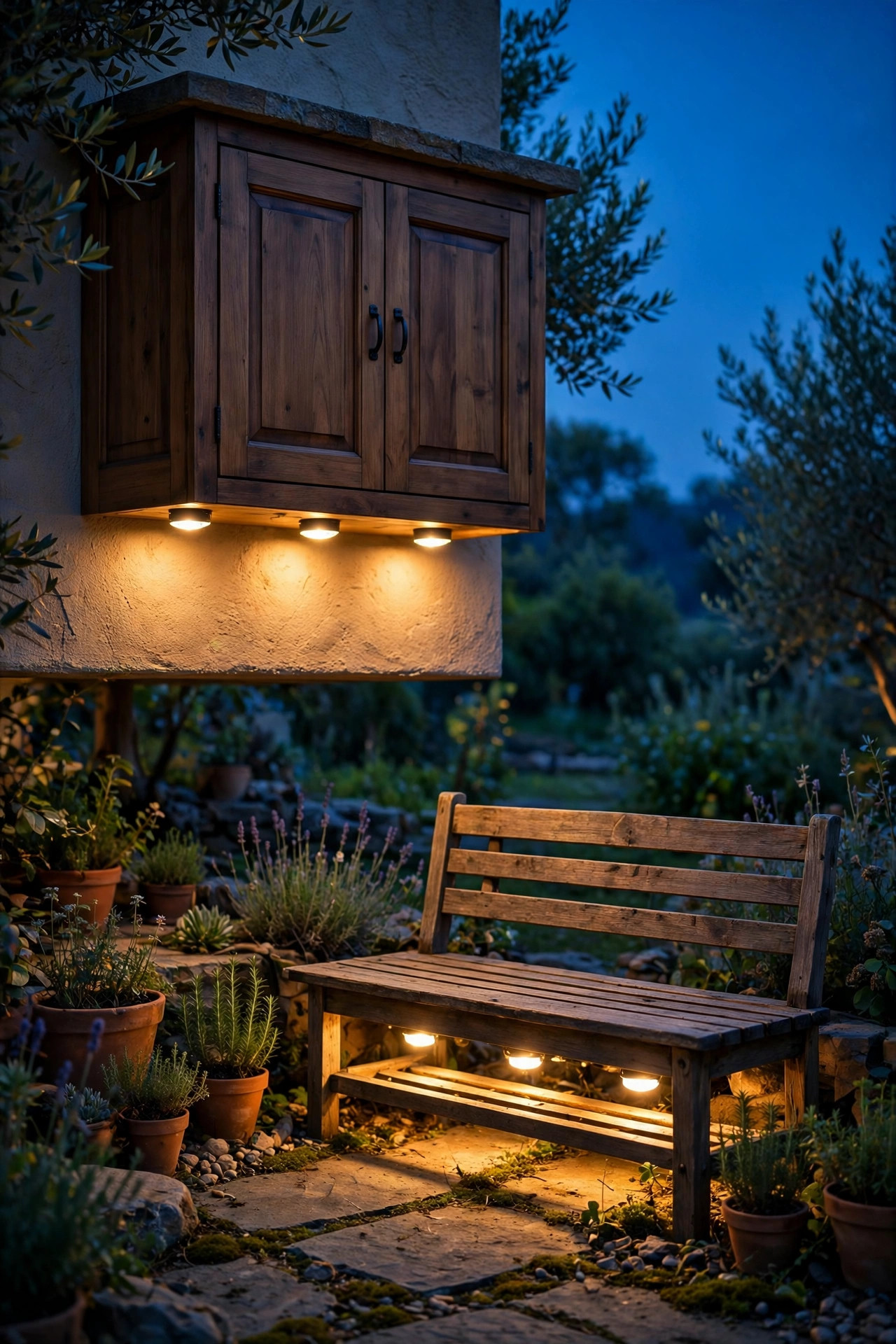 Battery puck lights glowing under an outdoor kitchen cabinet and beneath a garden bench at dusk