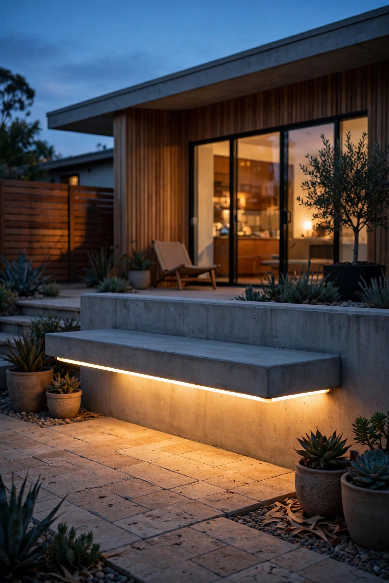 Hidden warm LED strip glowing under a built-in concrete bench, floating it above a mid-century patio at dusk