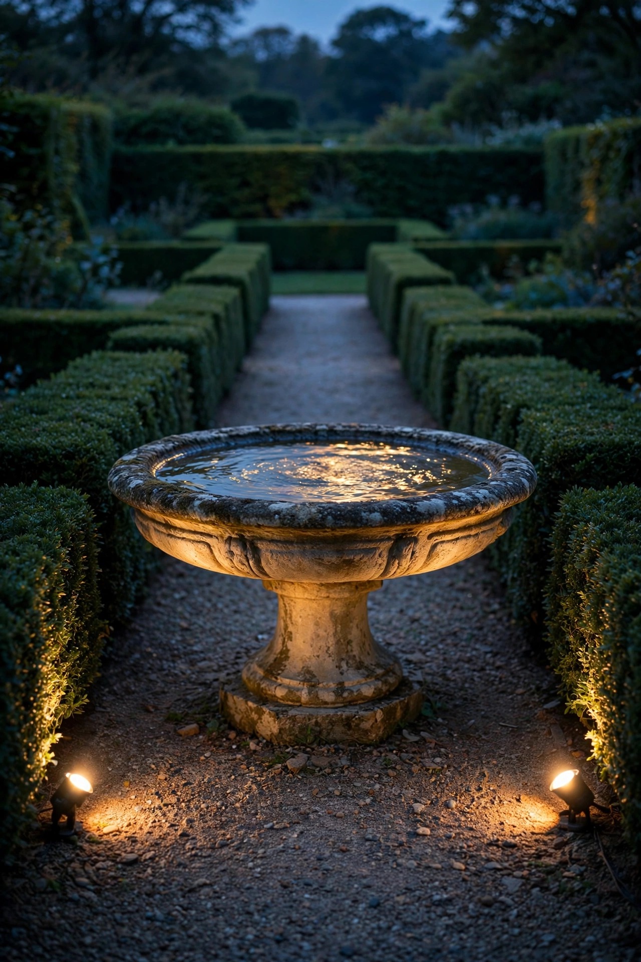 Stone birdbath at the end of a formal garden axis lit by two low symmetrical spotlights, water shimmering at dusk