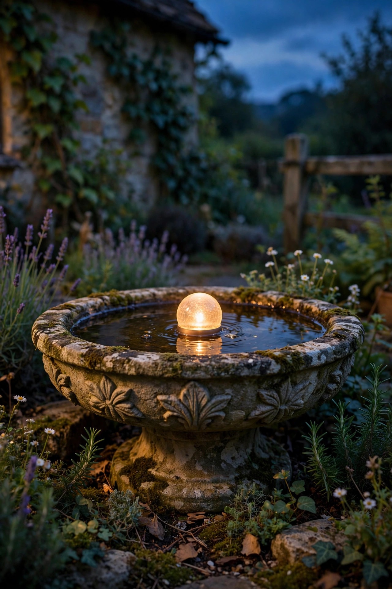 Stone birdbath in a cottage garden glowing softly at dusk with a floating solar orb on the water
