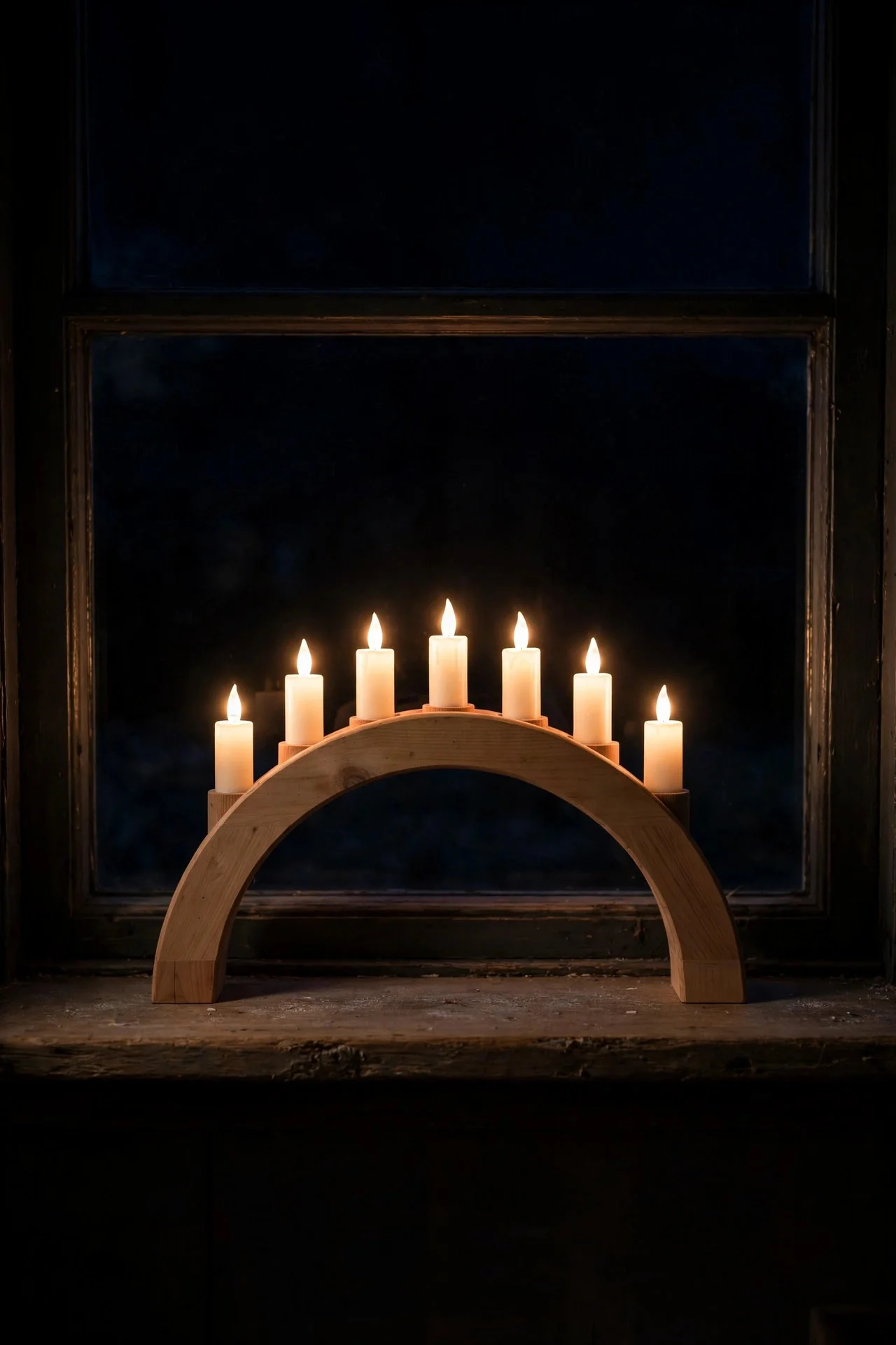 Wooden Scandinavian candle bridge with seven glowing candles centered in a window