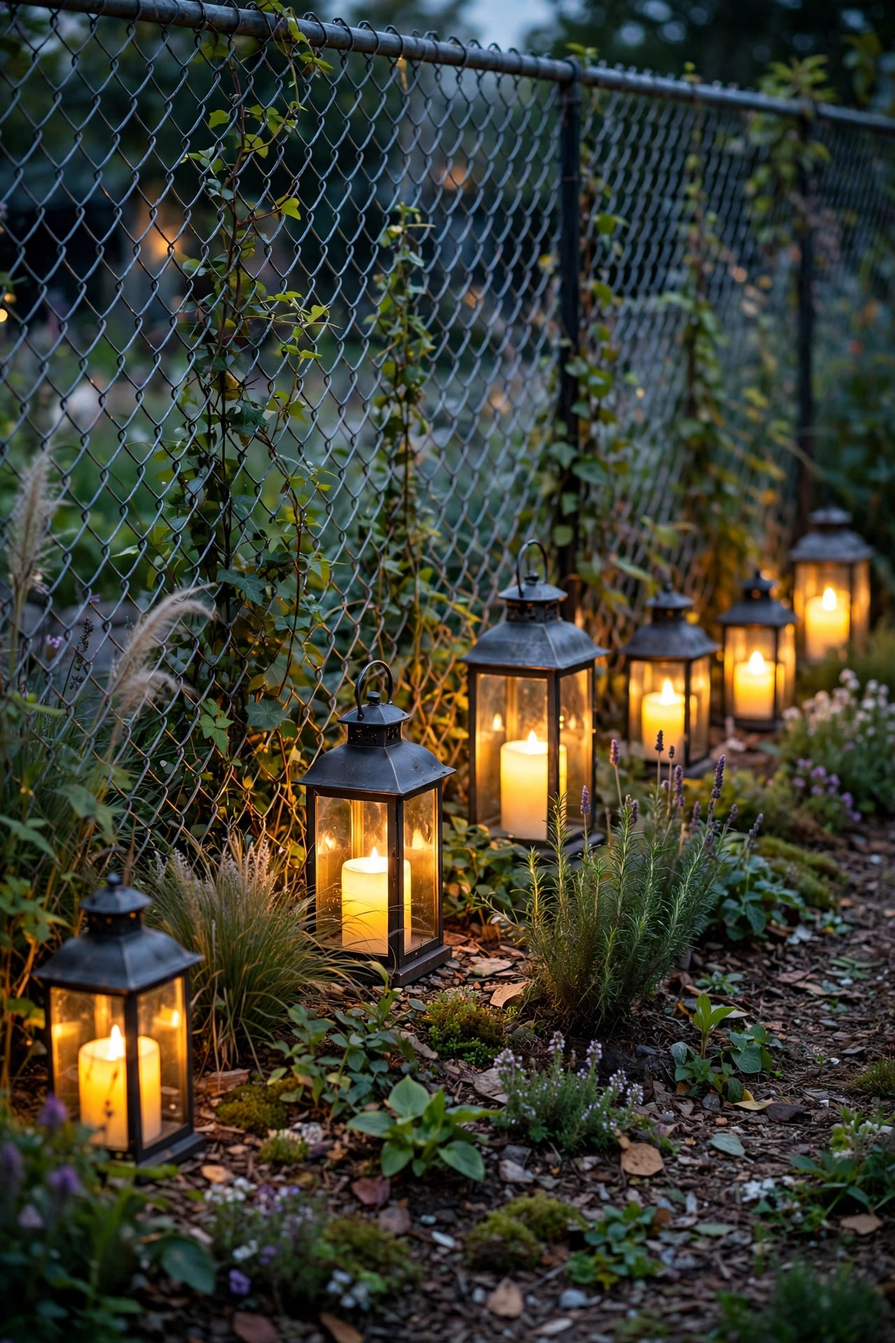 Outdoor lanterns with flameless candles glowing along the base of a chain-link fence among garden plantings