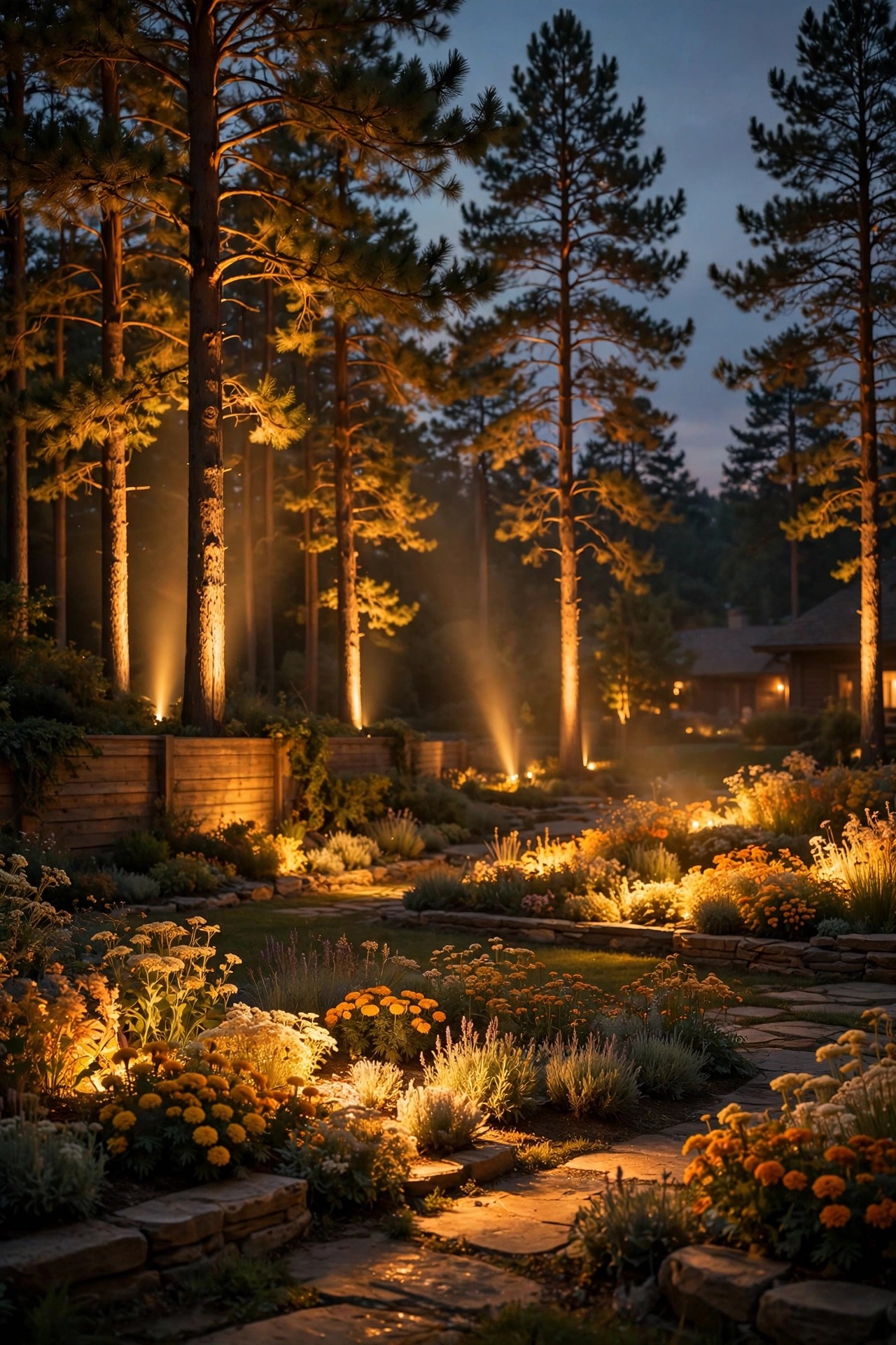 Photorealistic dusk composition showing one cohesive warm color temperature across an entire yard, narrow spotlight beams on tall pines, wide soft washes over flower beds, perfectly unified golden glow