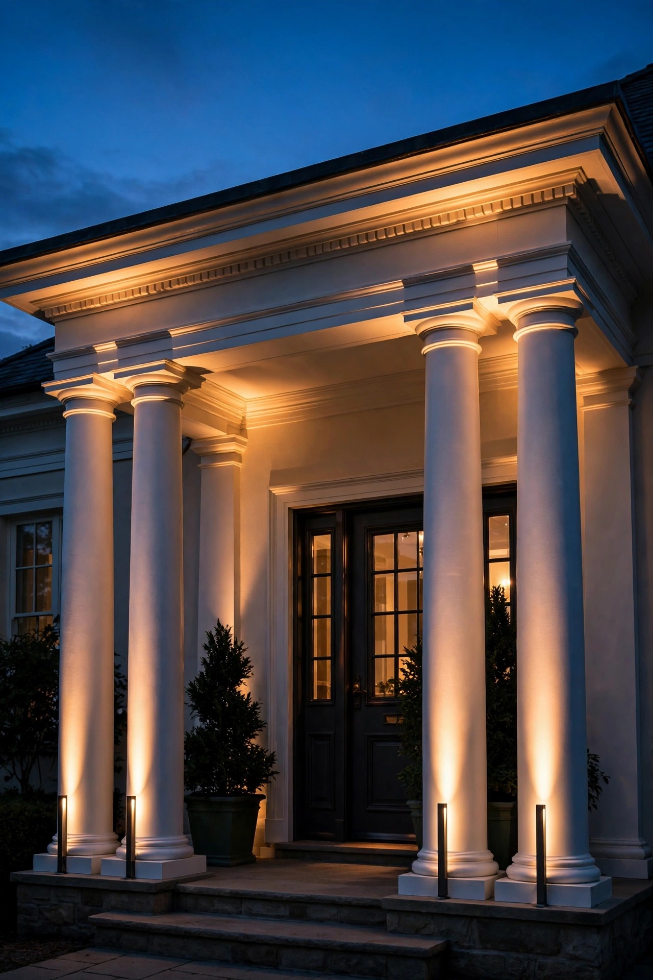 Narrow uplights at the bases of white portico columns sending warm beams up to the crown molding of an elegant front entrance at dusk