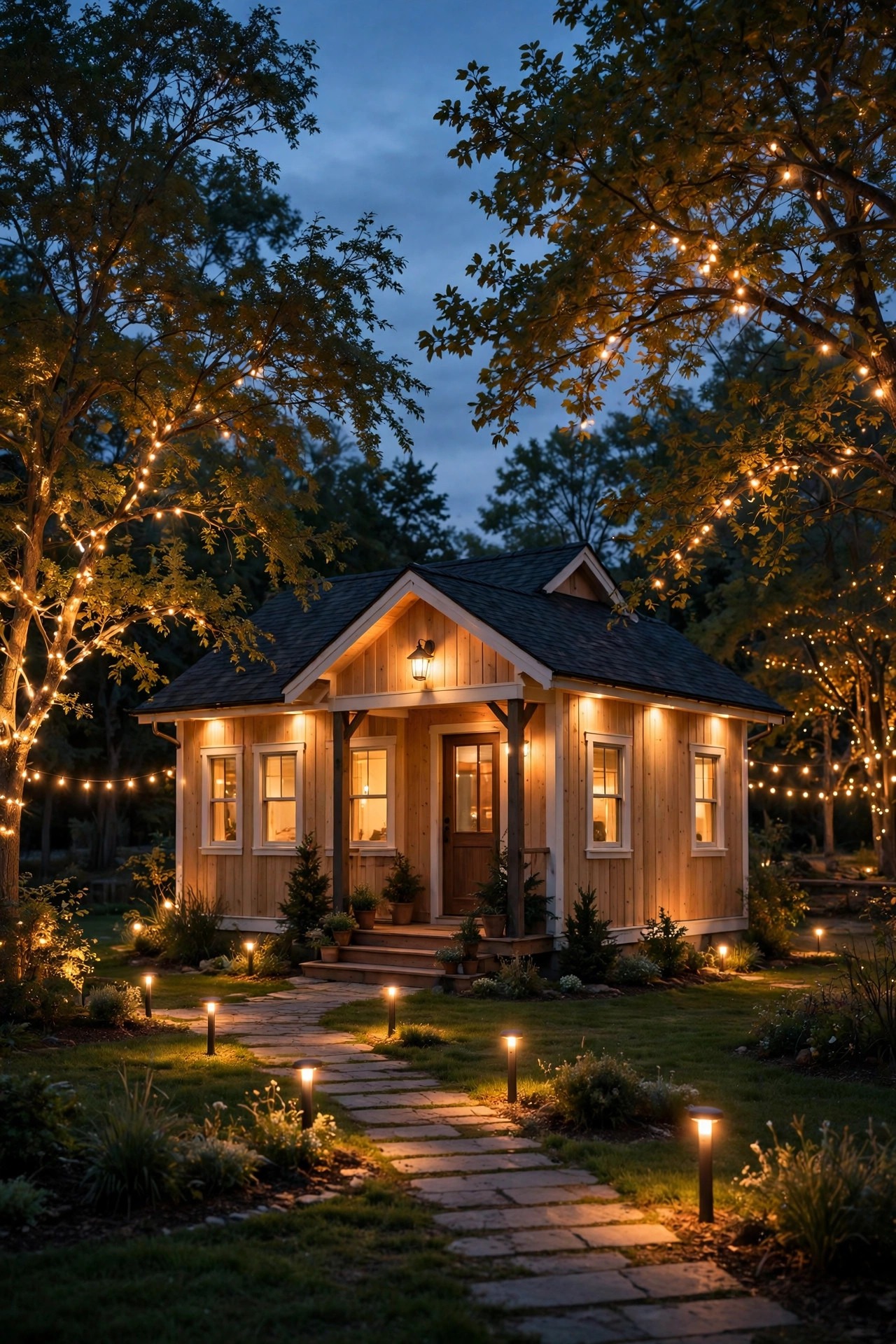 Small house and yard at dusk where every light — porch, path, trees, and facade — glows the same consistent warm 2700K tone