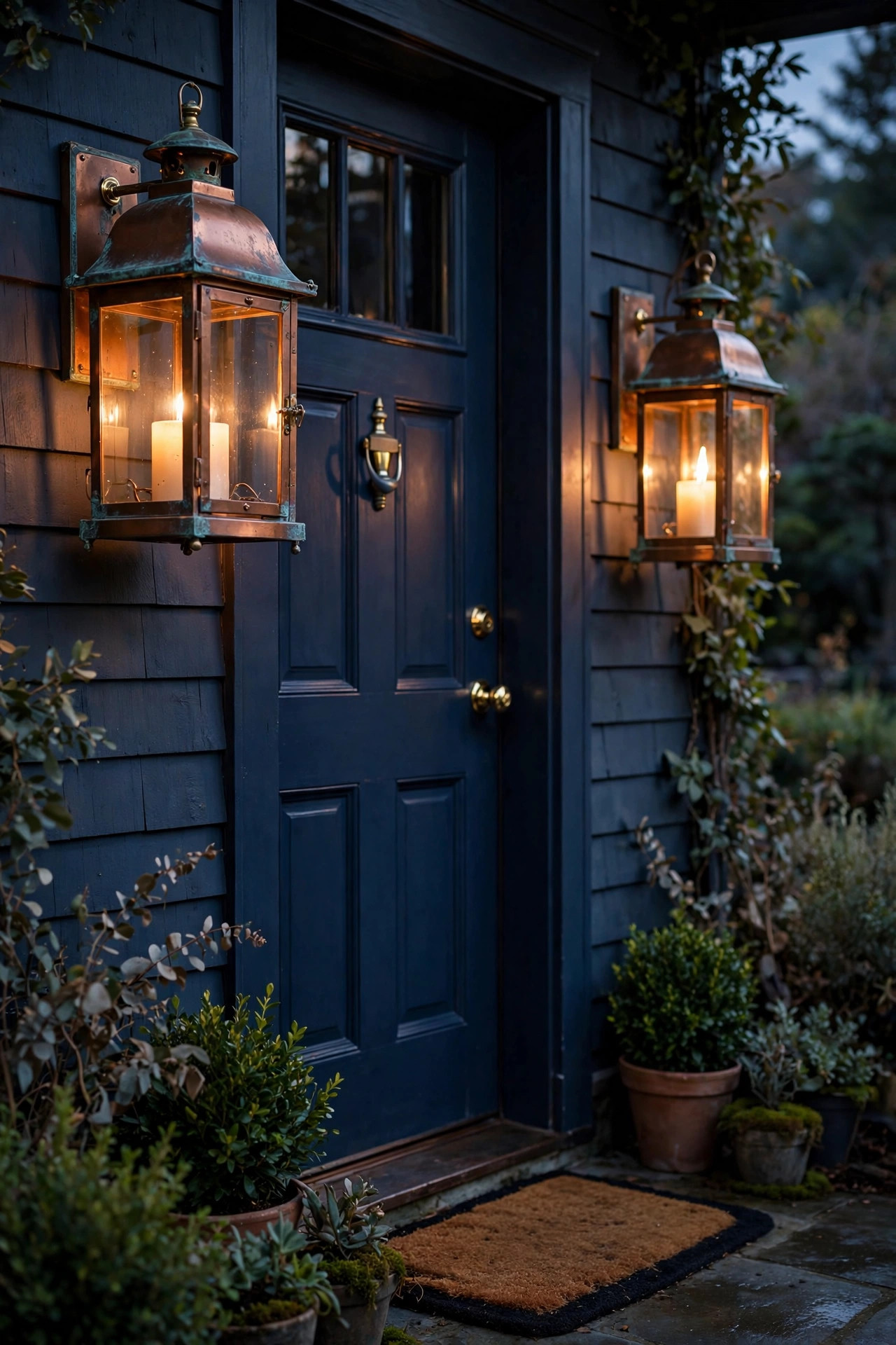 Copper porch lanterns with warm patina glowing beside a navy front door