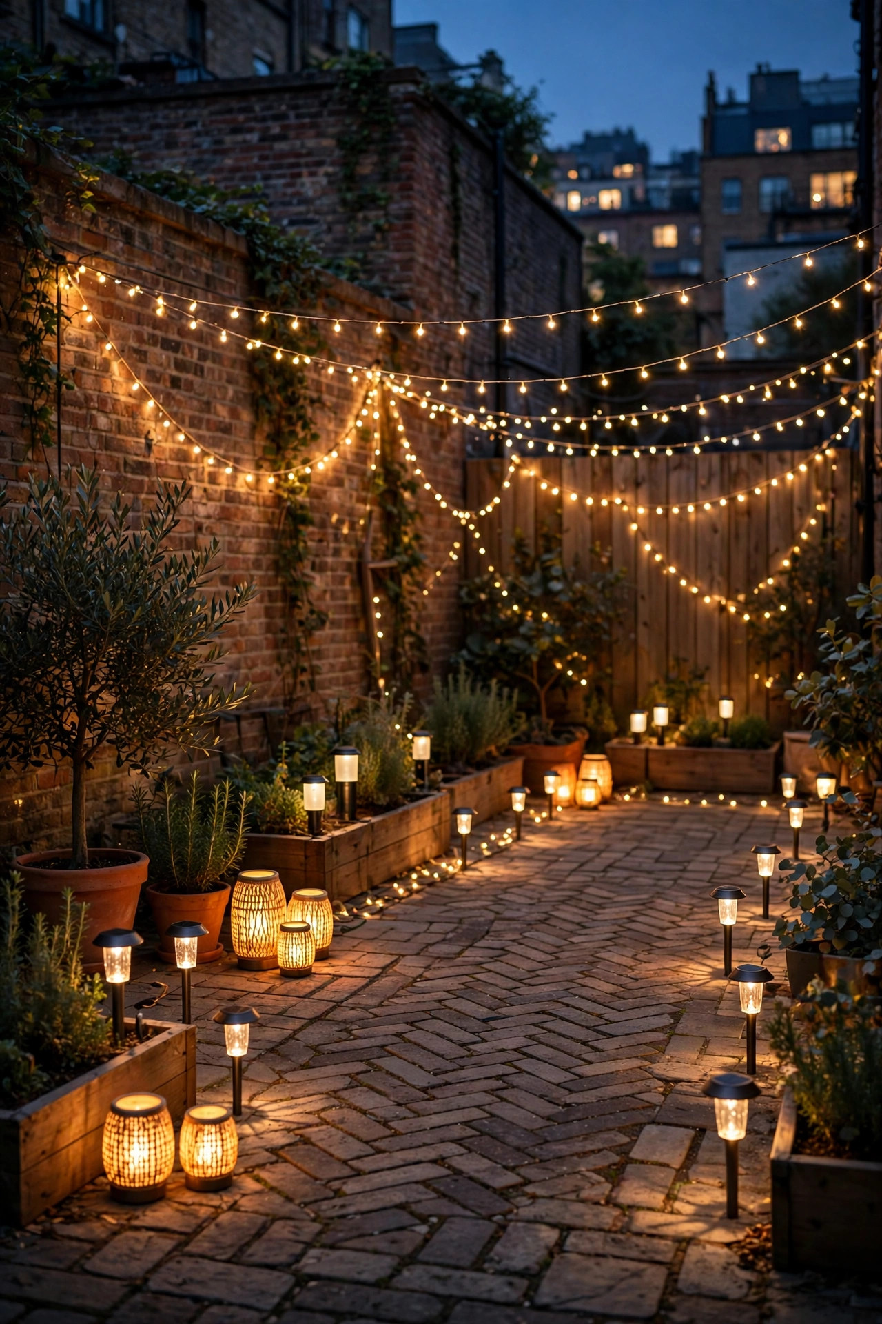 Cordless solar and battery lights layered across a pavement city backyard at dusk with no visible cords