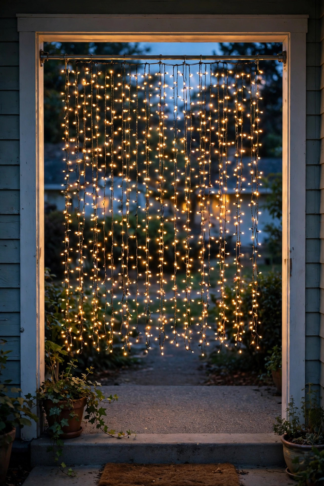 Curtain of warm fairy lights hanging from a tension rod across a rental porch opening