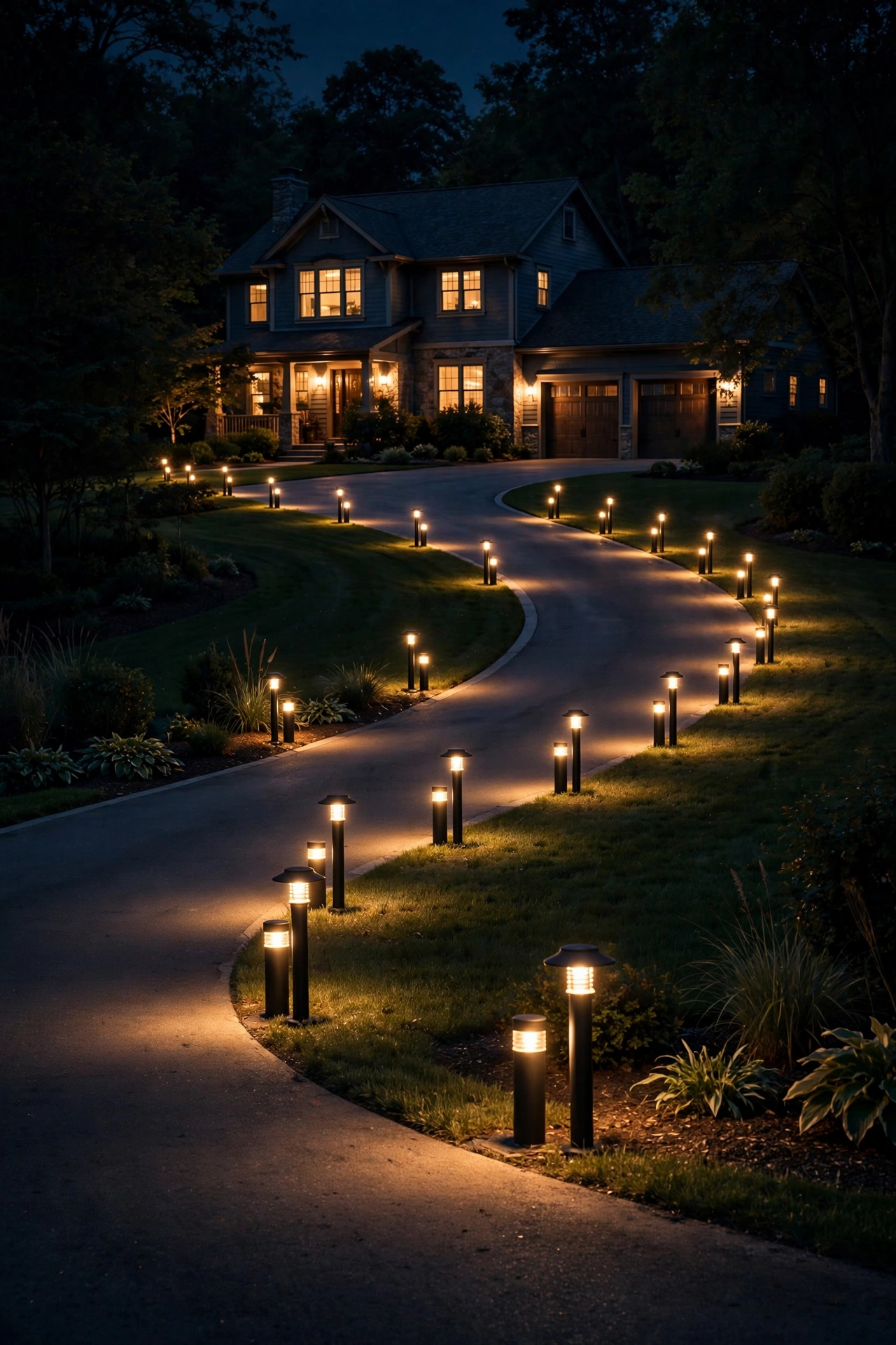Driveway bollard lights tracing a graceful curve along a sweeping residential driveway at night