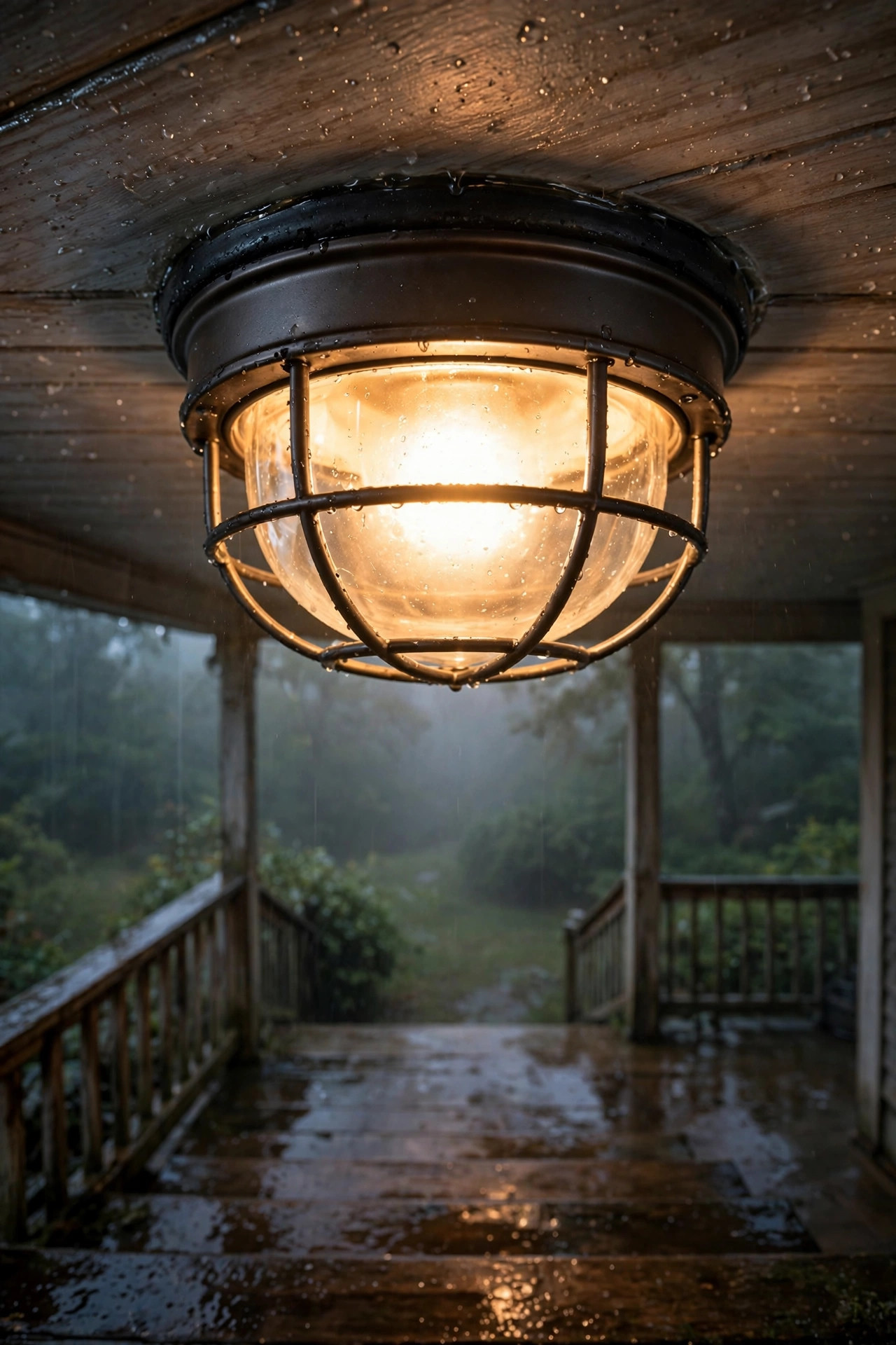 Wet rated porch ceiling light fixture with sealed weatherproof construction
