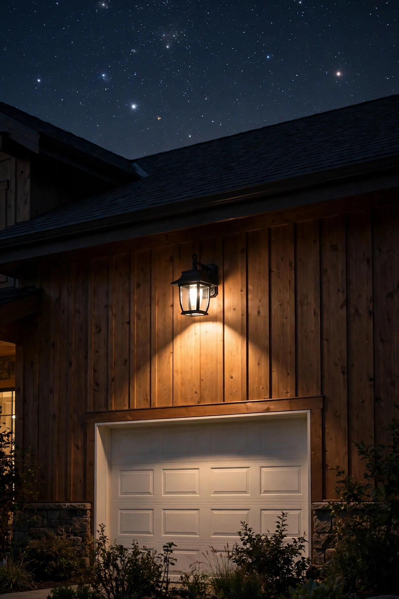 Dark-sky carriage lantern on a garage wall casting light downward with a starry sky above