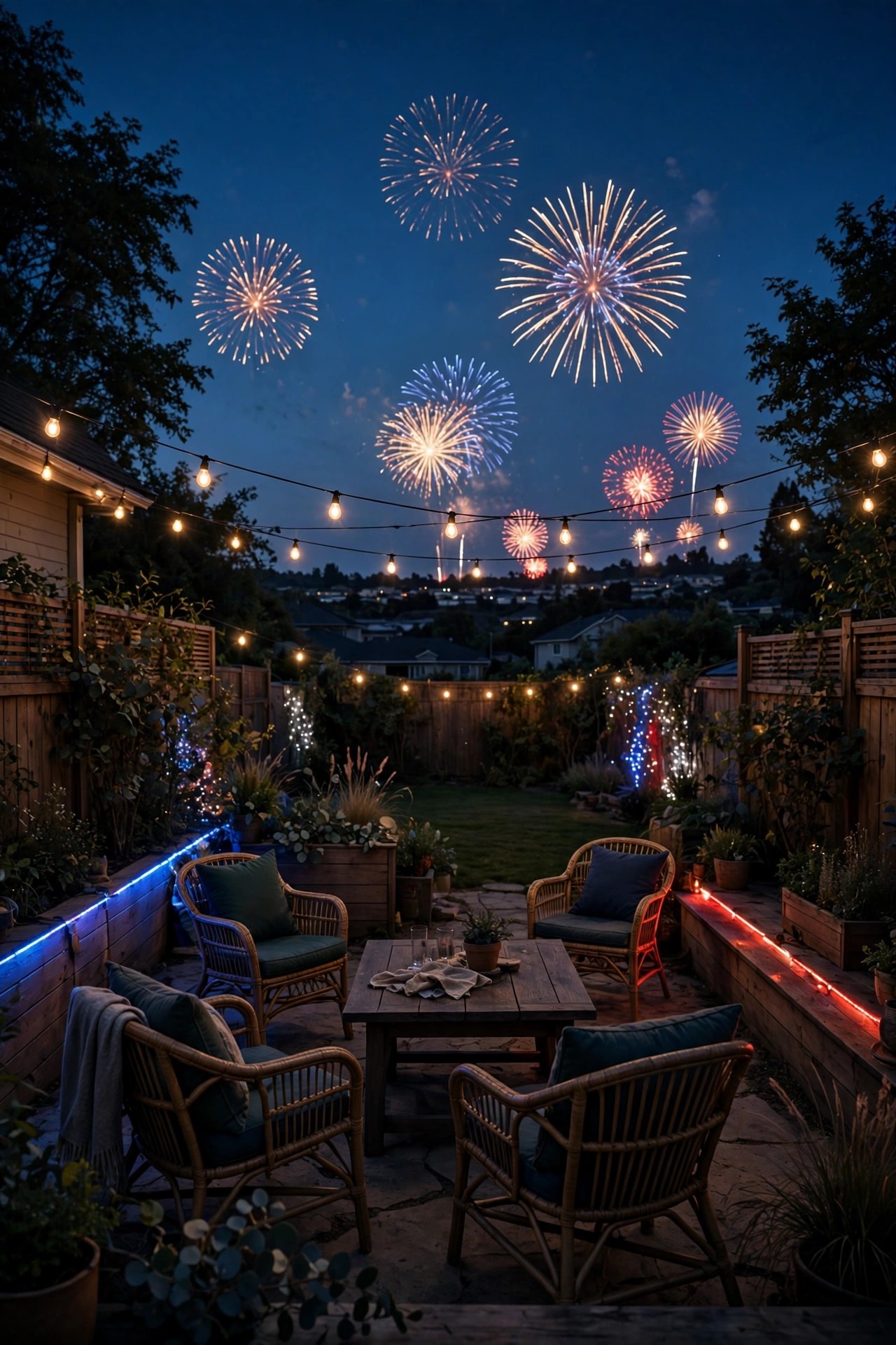 Guests view of fireworks from a dim backyard seating area with party lights turned low