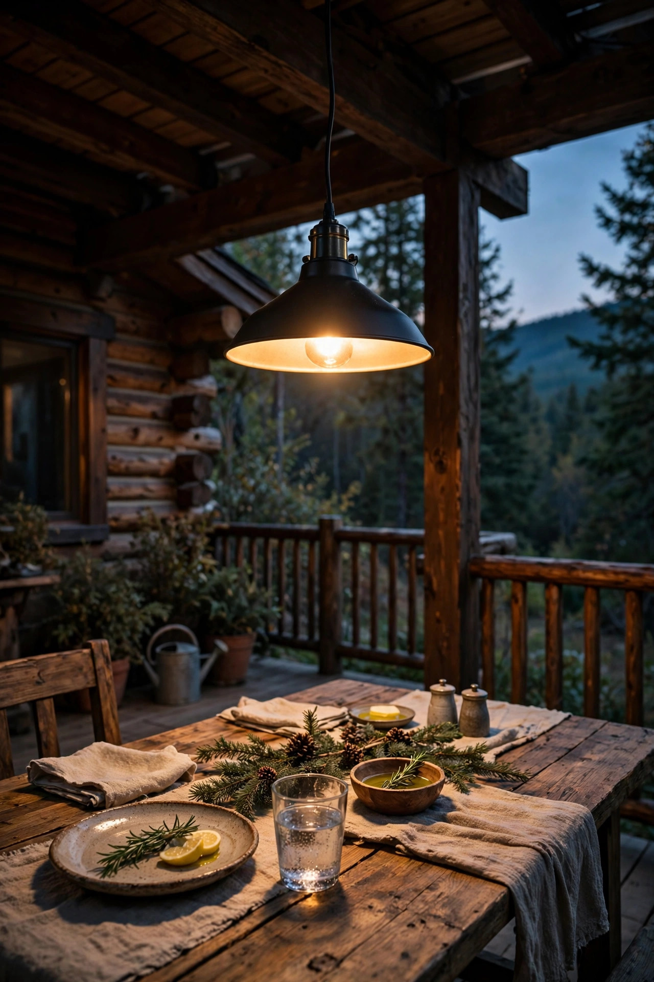 Dimmable outdoor pendant light glowing over a rustic cabin deck dining table