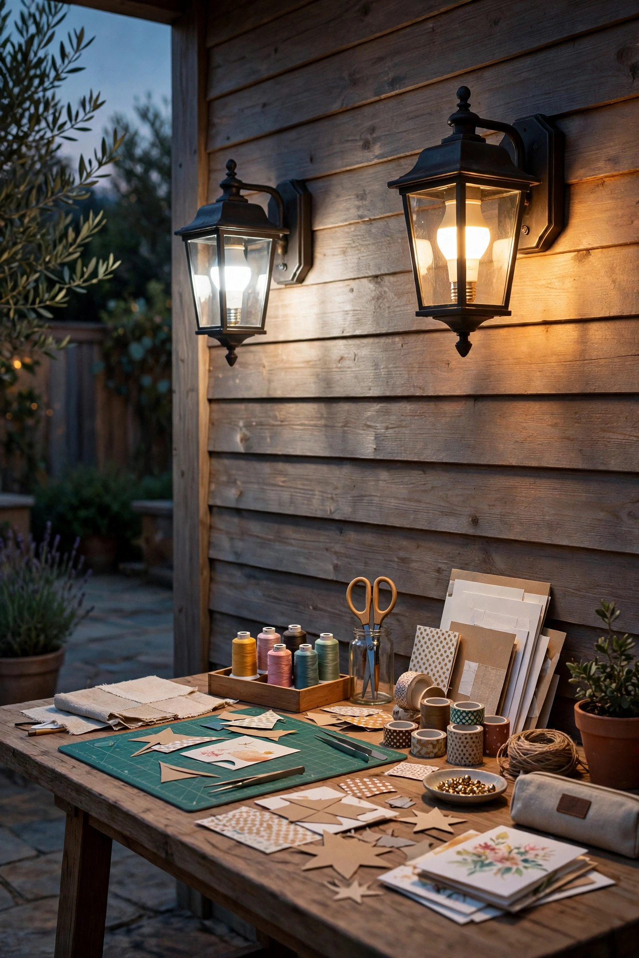 Dimmable smart bulbs in patio sconces shifting a craft night table from bright work mode to a soft warm glow