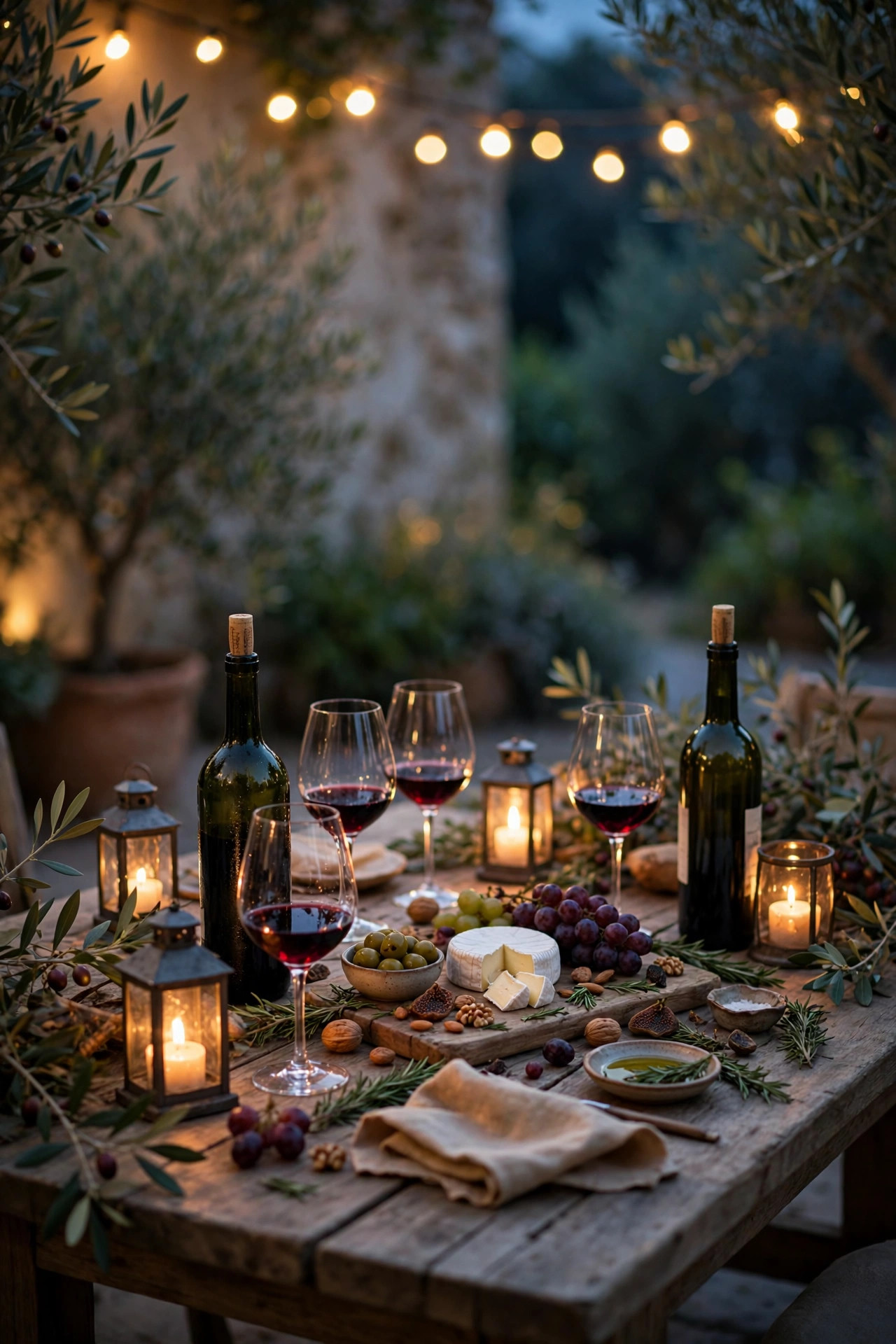 Wine tasting table at its softest evening scene with dimmed string lights and candle lanterns glowing