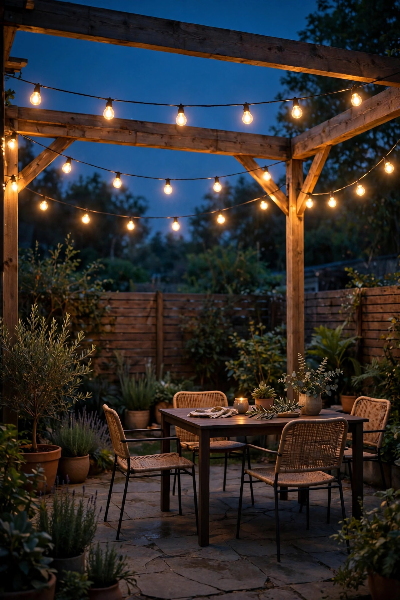 Backyard patio lights glowing at a soft dimmed level in the late evening with warm ambiance