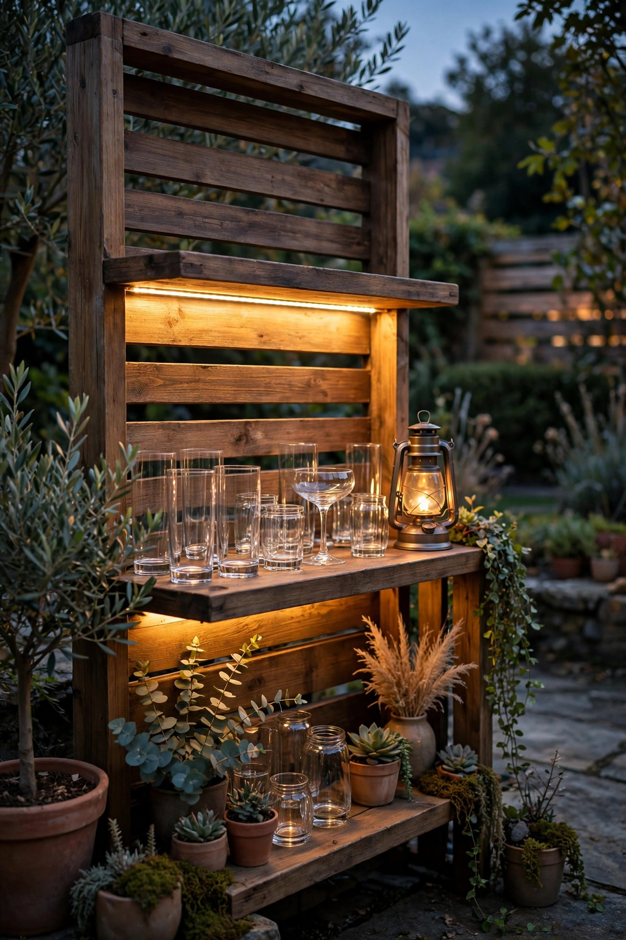 Outdoor drink station with a warm LED strip glow under the shelf and a small lantern beside glassware