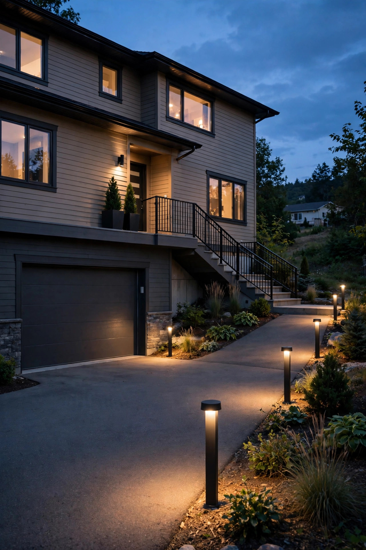 Short bollard lights glowing along the driveway edge of a raised ranch home connecting garage and entry levels