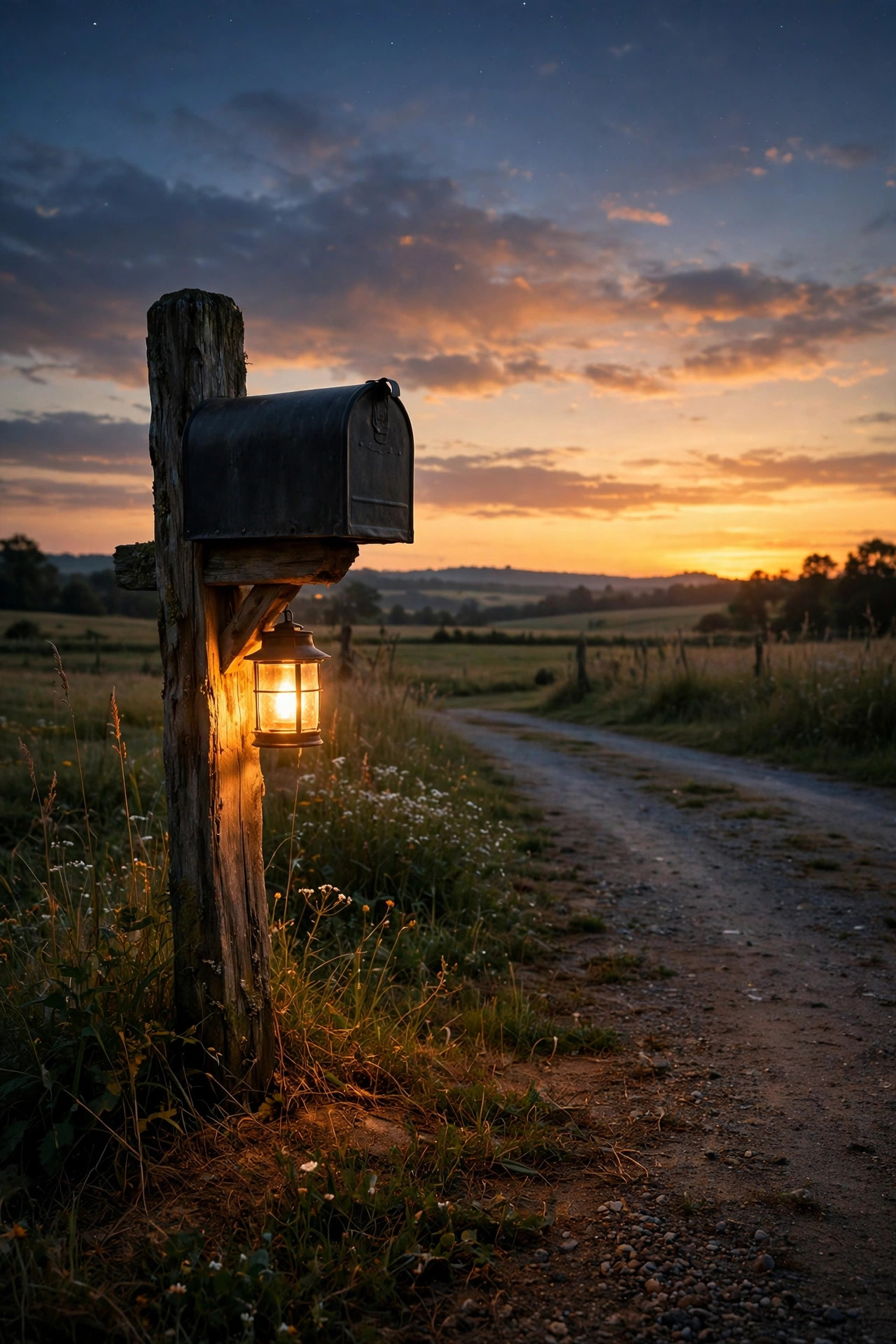 Dusk to dawn light on a post marking a rural driveway entrance and mailbox at dusk