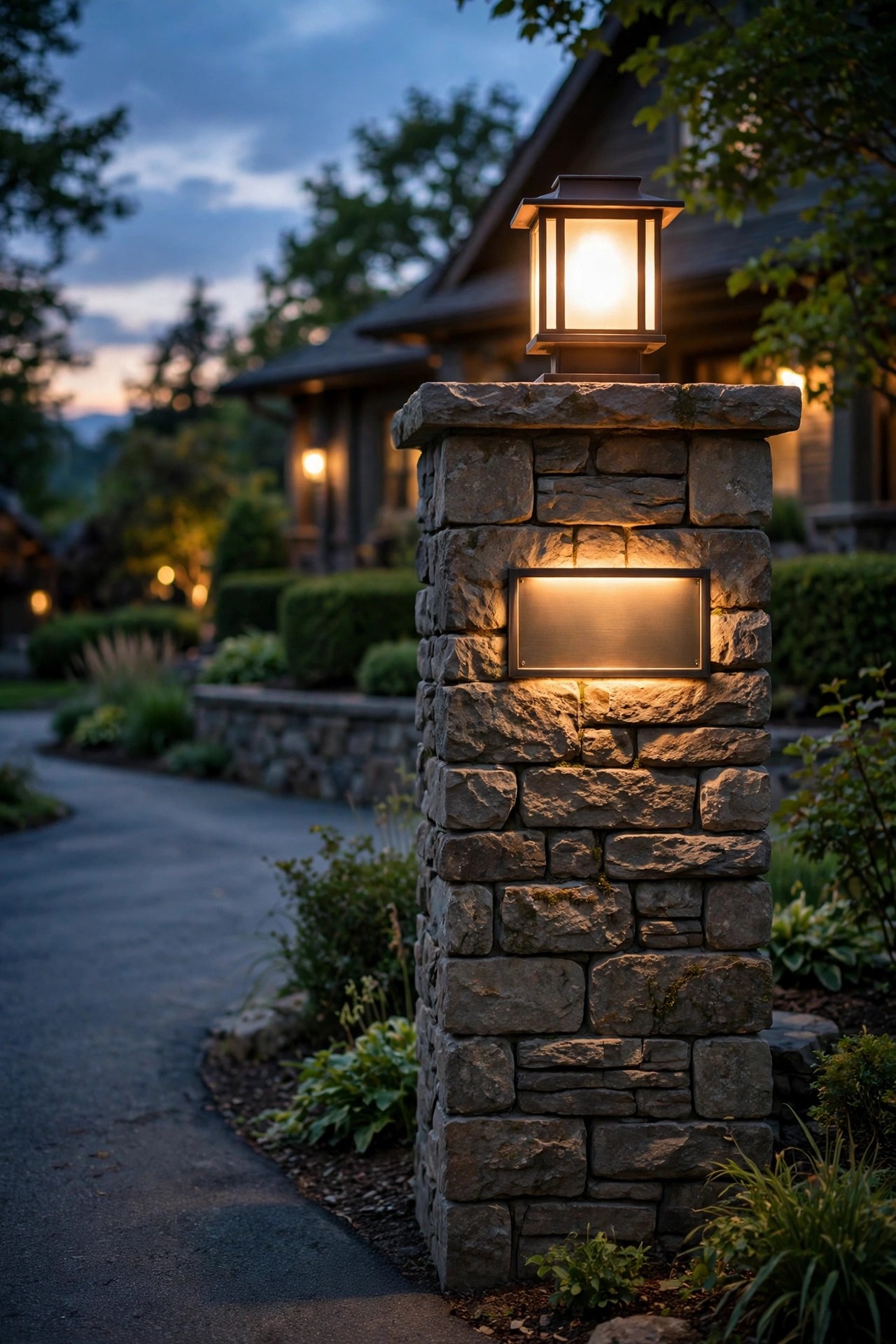 Stone pillar at a driveway entrance with an illuminated address plaque and warm cap light