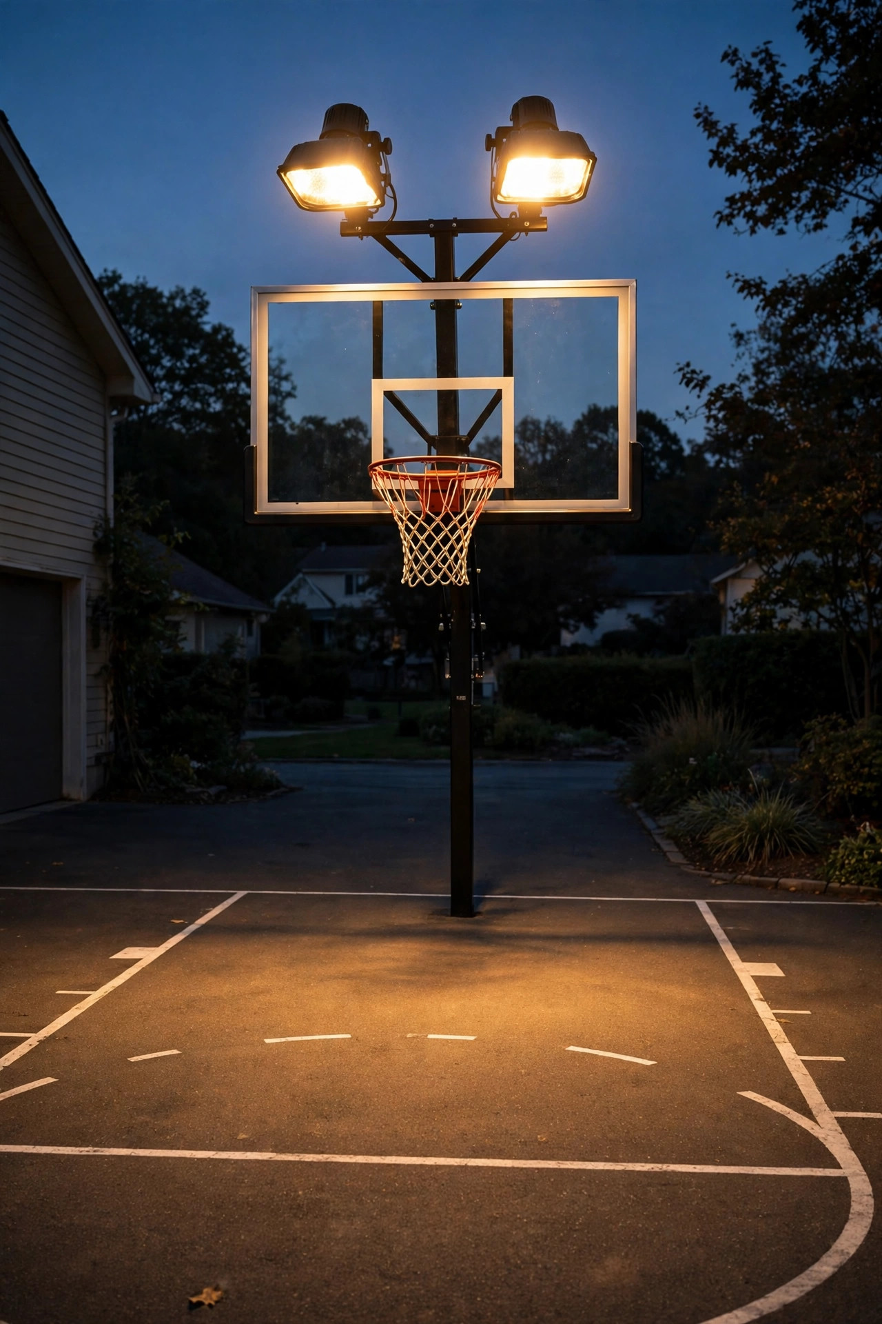 Dual head flood lights over a home basketball hoop lighting a driveway court for an evening game