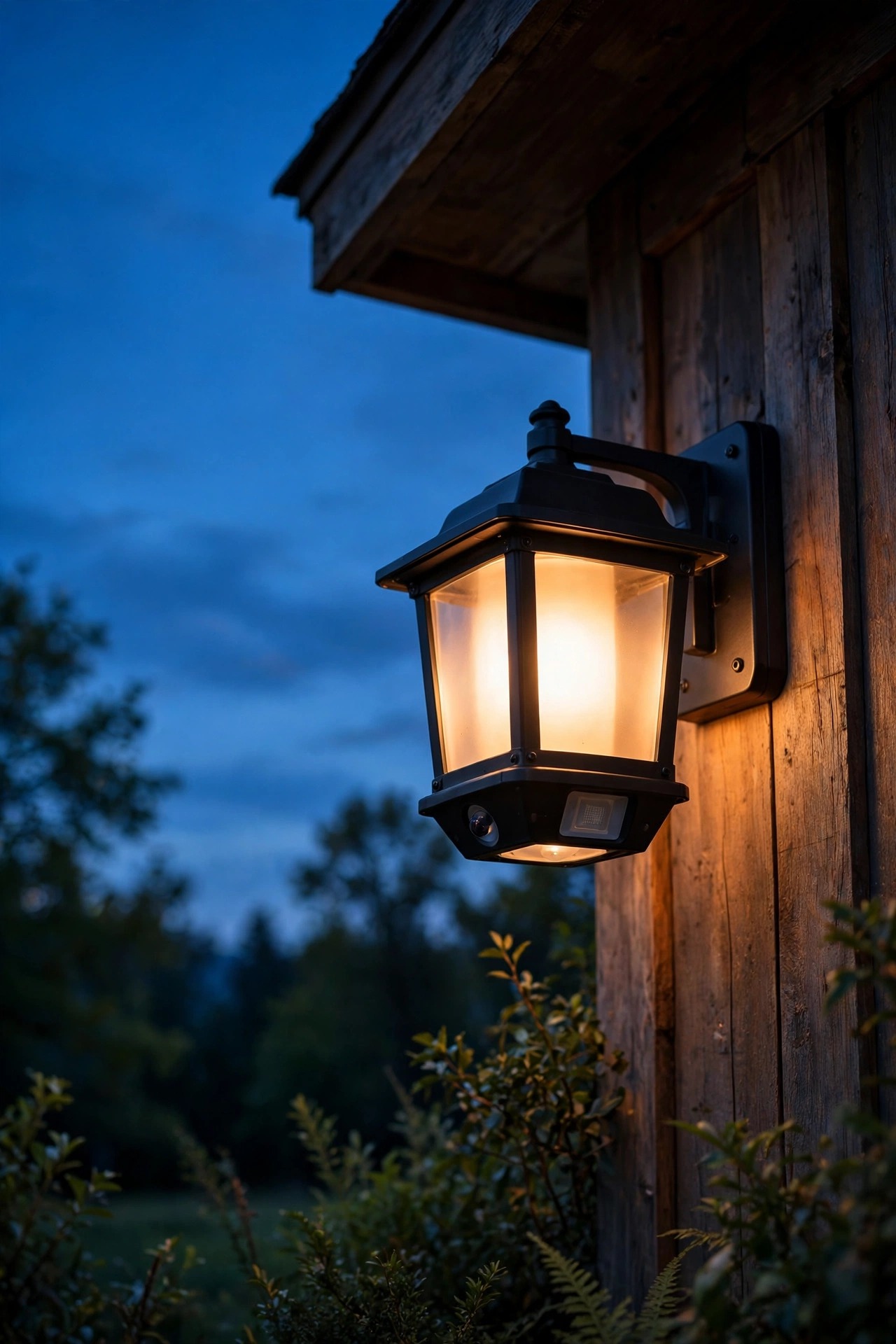 Porch fixture glowing at a low welcoming level at dusk, ready to brighten on motion, with its photocell and motion sensor visible on the housing