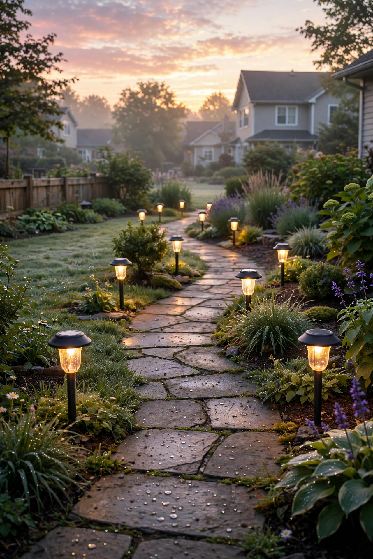 Dusk-to-dawn photocell path lights glowing along a walkway at sunrise
