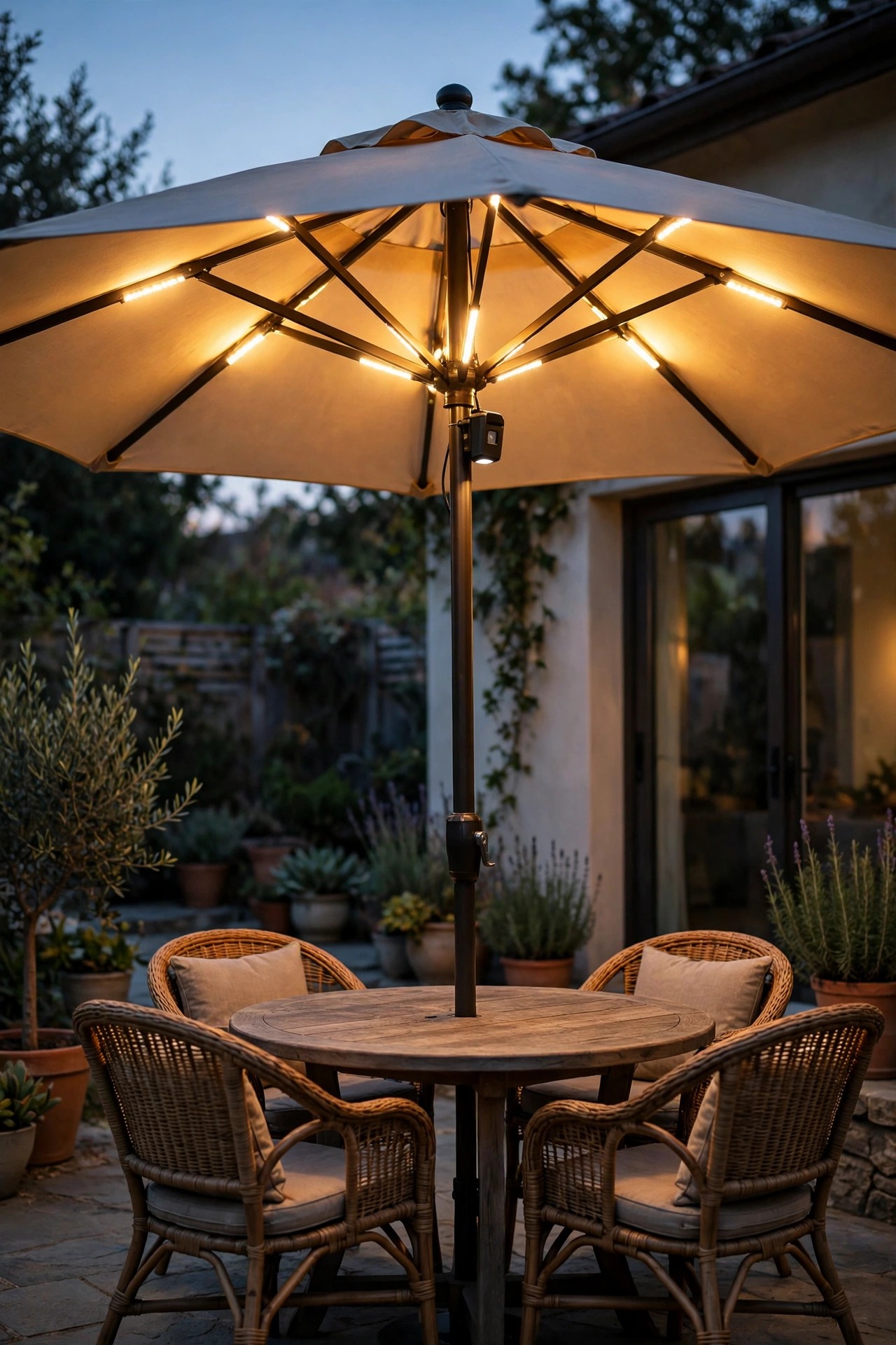 Umbrella light with photocell sensor glowing automatically at dusk over an empty patio seating area