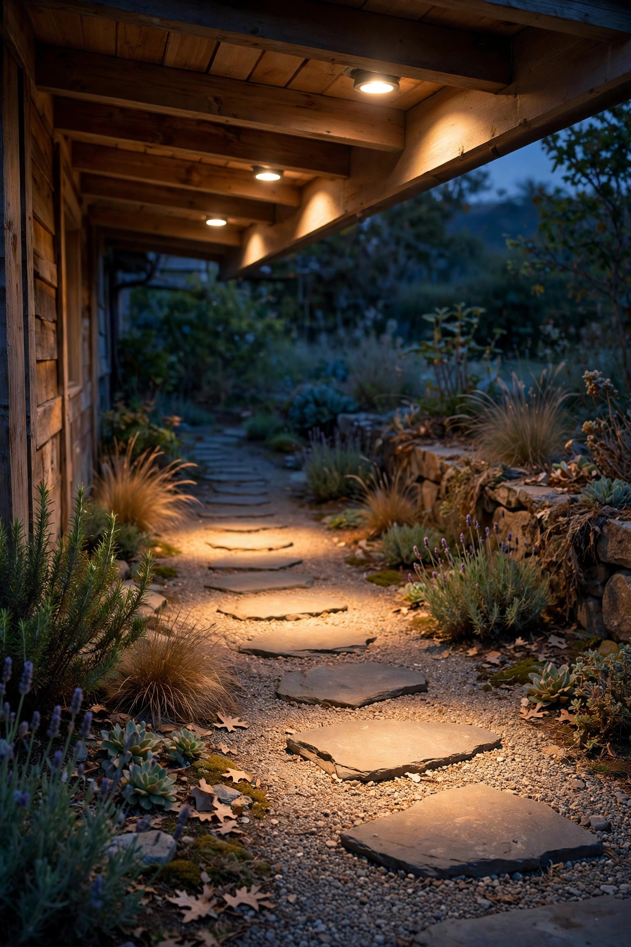 Soft wide downlight from a roof eave casting moonlight-like pools over stepping stones and gravel in a side yard