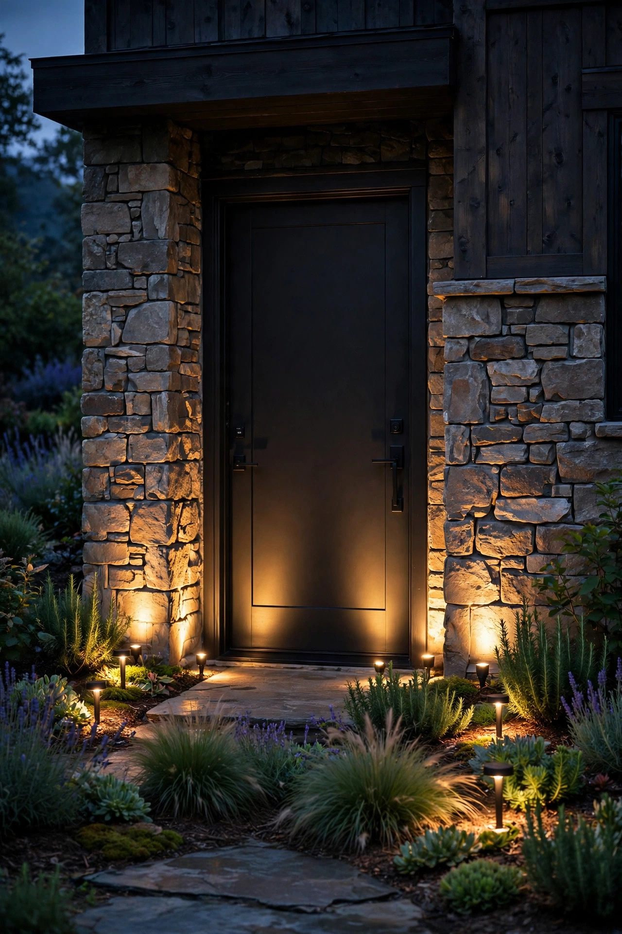 Low voltage ground uplights washing a black front door entry in warm light from garden beds