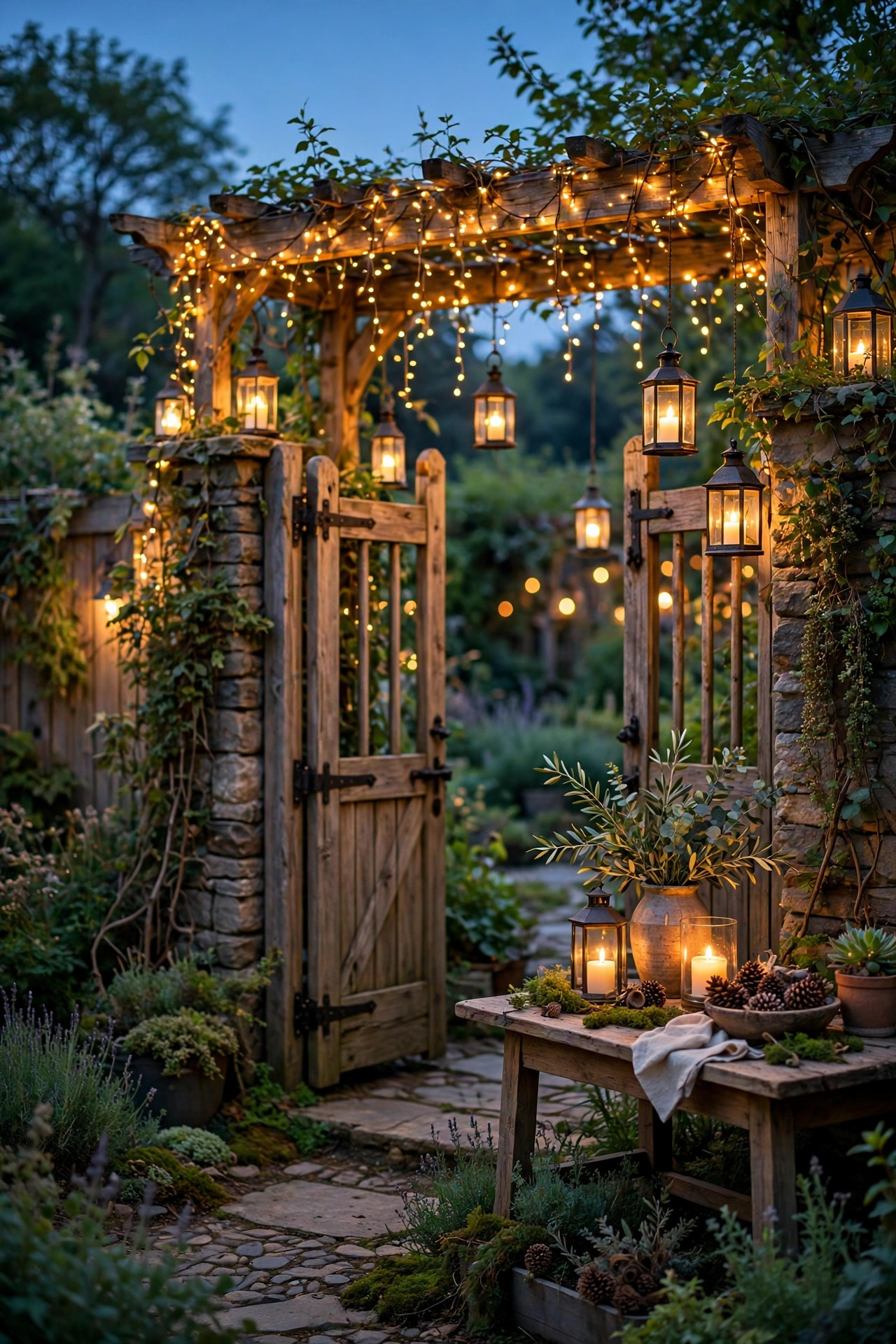 Lanterns and fairy lights glowing at a garden gate entry with a welcome table at dusk