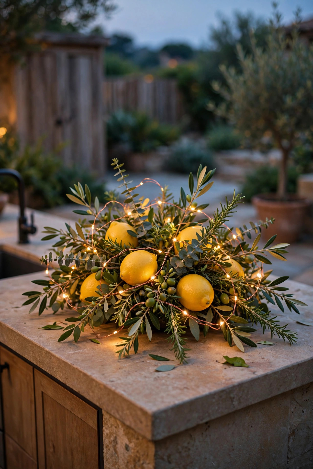 Copper-wire fairy lights woven through a lemon and greenery centerpiece on an outdoor kitchen island