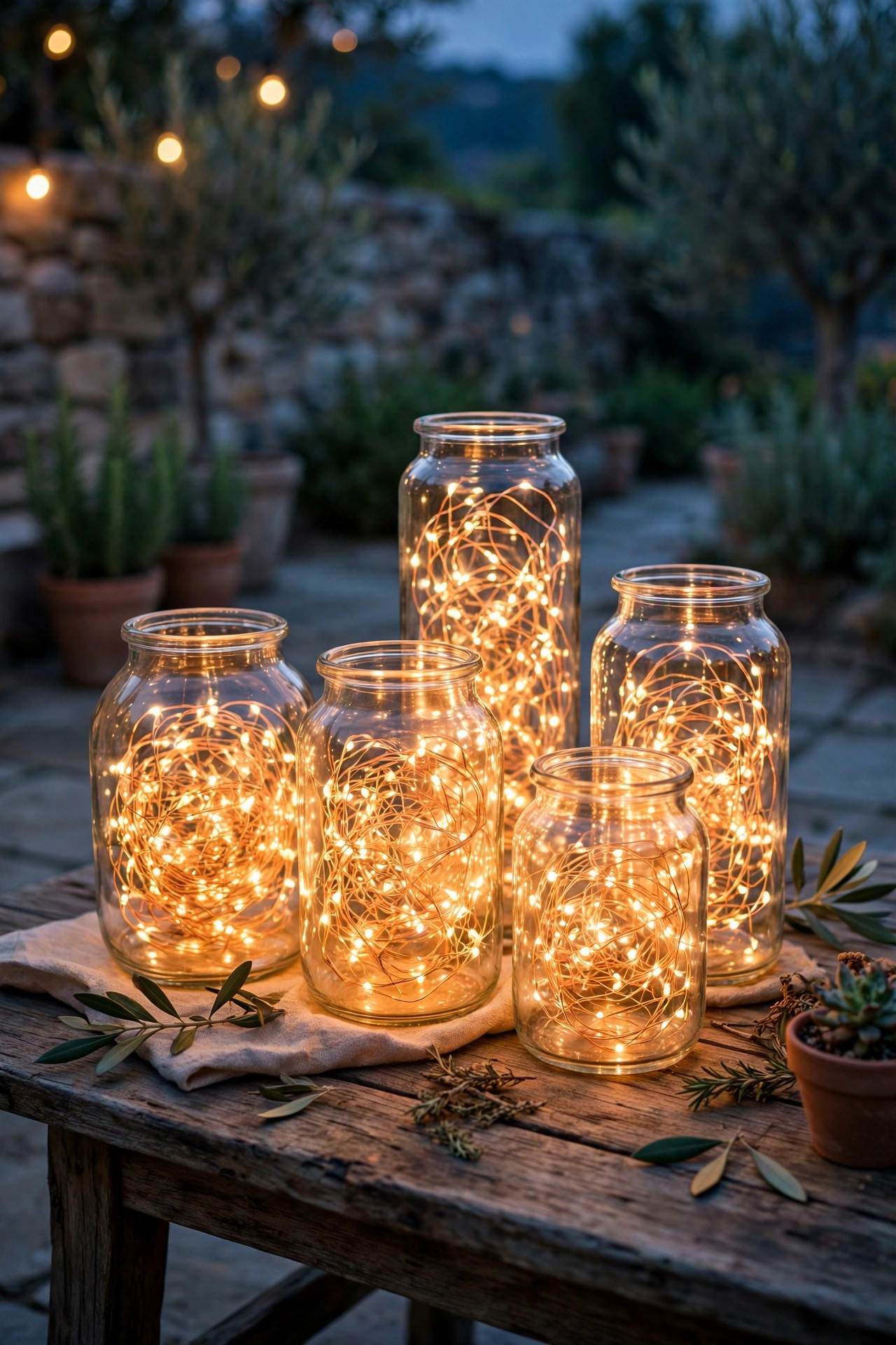 Glass jars filled with warm copper-wire fairy lights clustered on a patio serving table at dusk