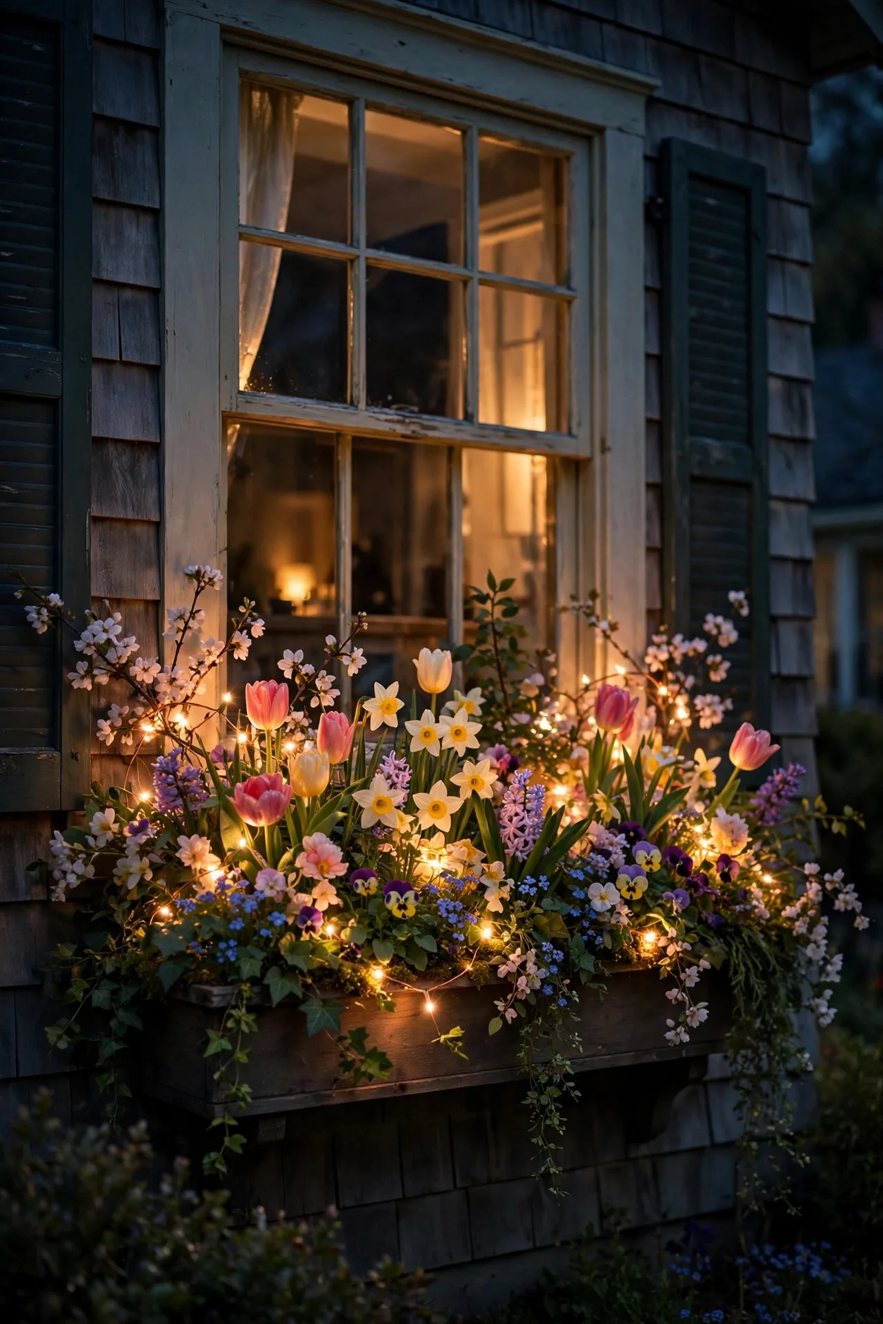 Window boxes of spring flowers with warm fairy lights woven through blooms, glowing at night under a house window