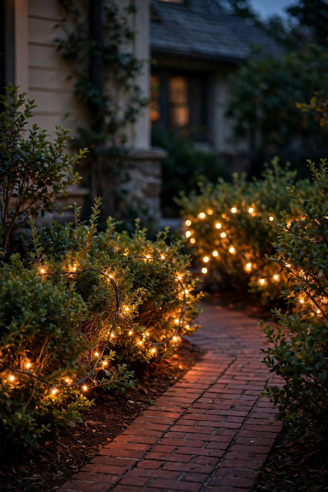Warm fairy lights woven through shrubs edging a brick walkway in the evening
