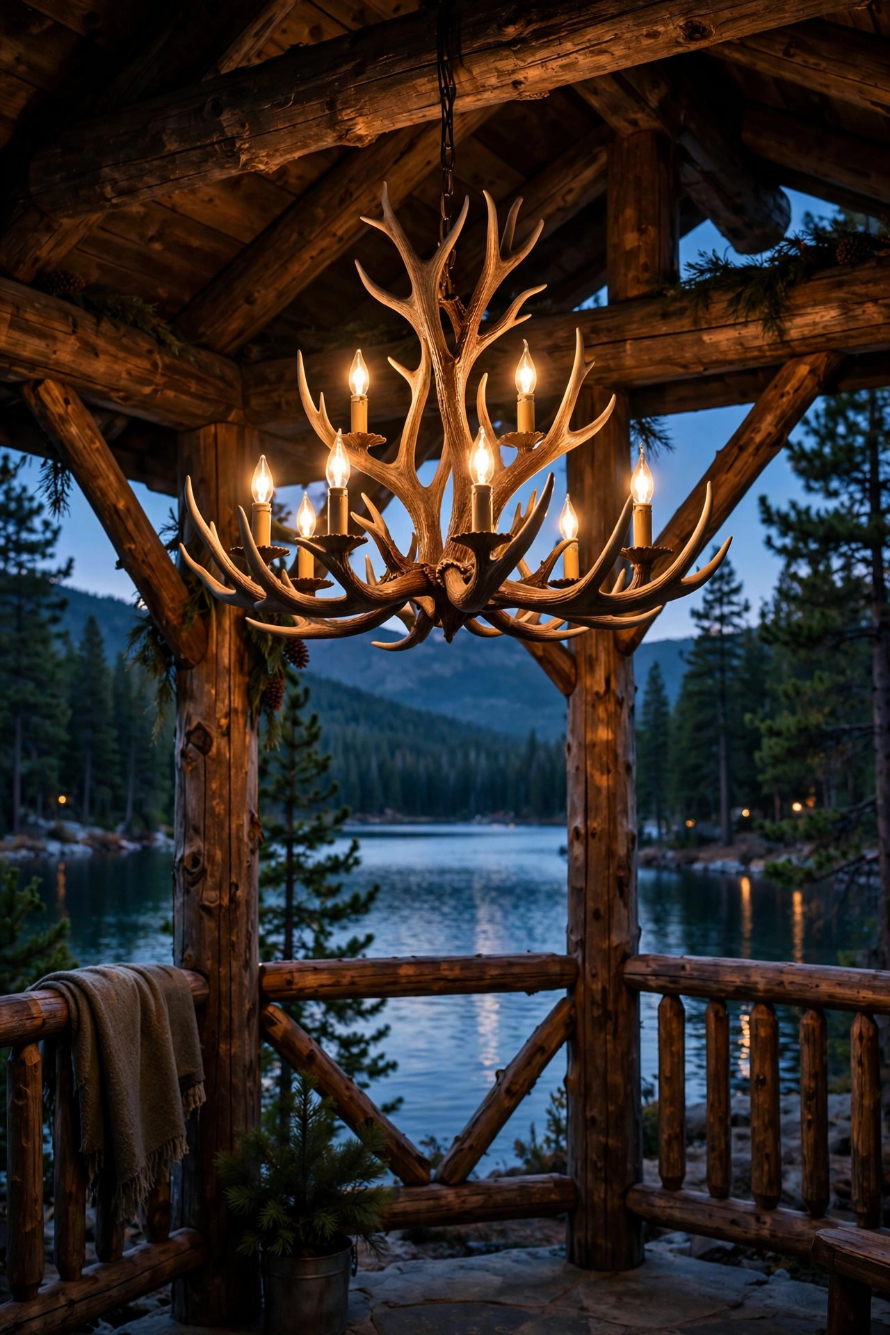 Faux-antler outdoor chandelier hanging in a rustic gazebo at a lake house
