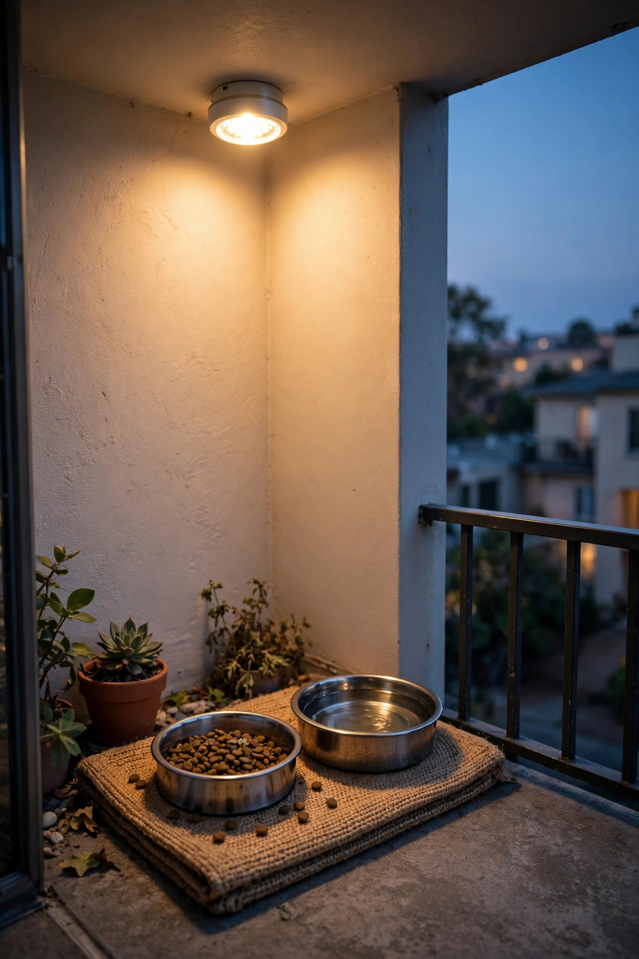 Small bright puck light over a cat feeding station and water bowl in the corner of a balcony at dusk