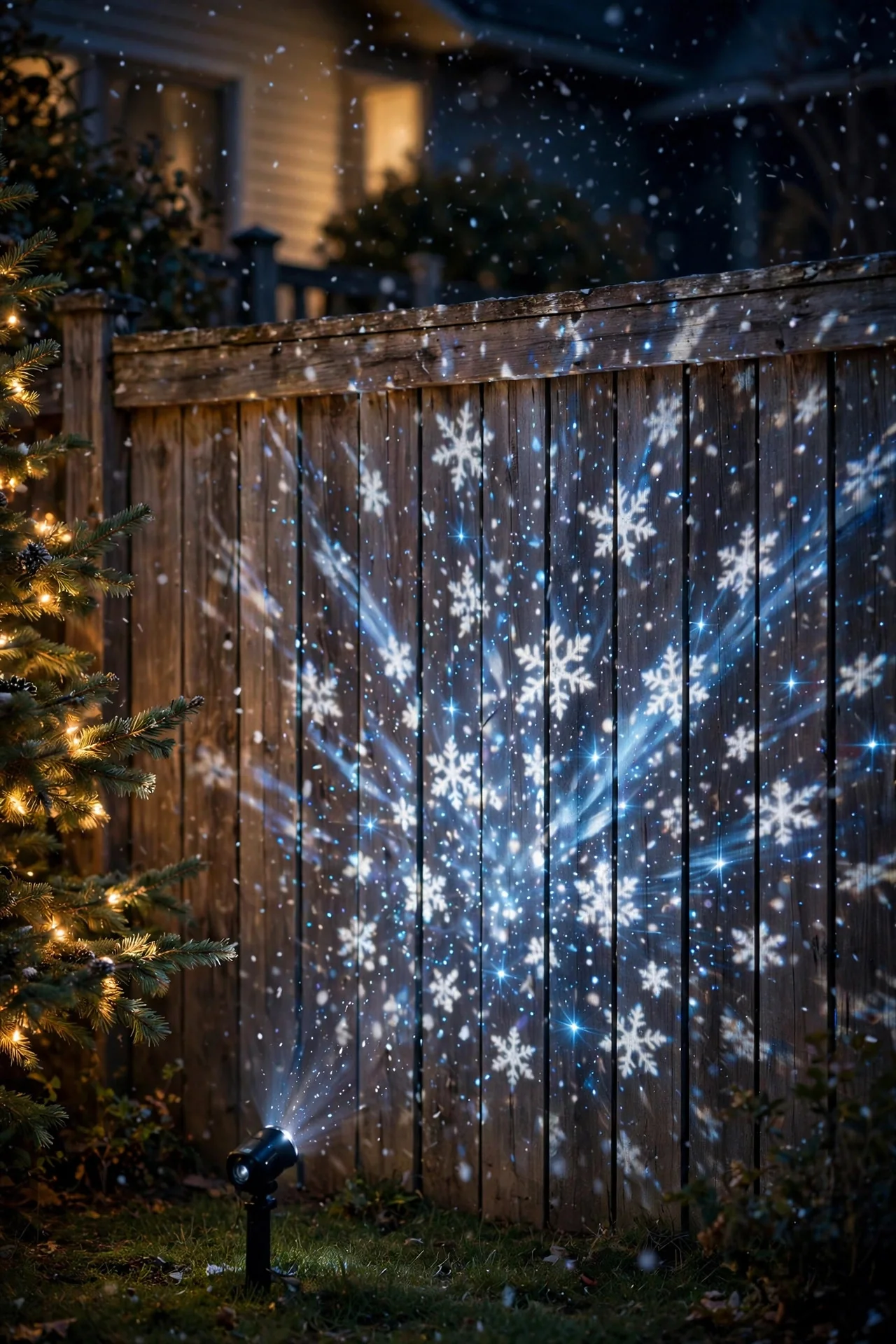 Snowfall projection glowing across a wooden backyard fence at Christmas