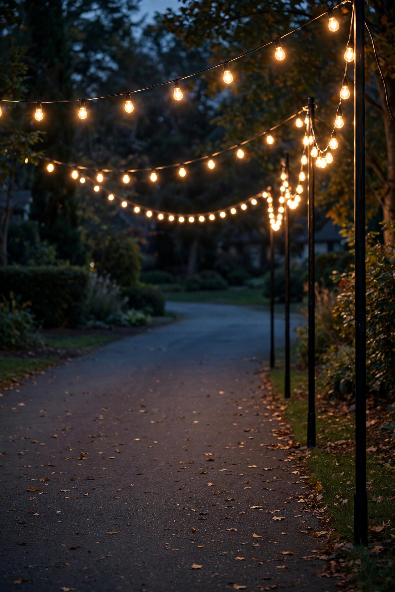Warm festoon string lights on black poles swooping along one side of a driveway in the evening