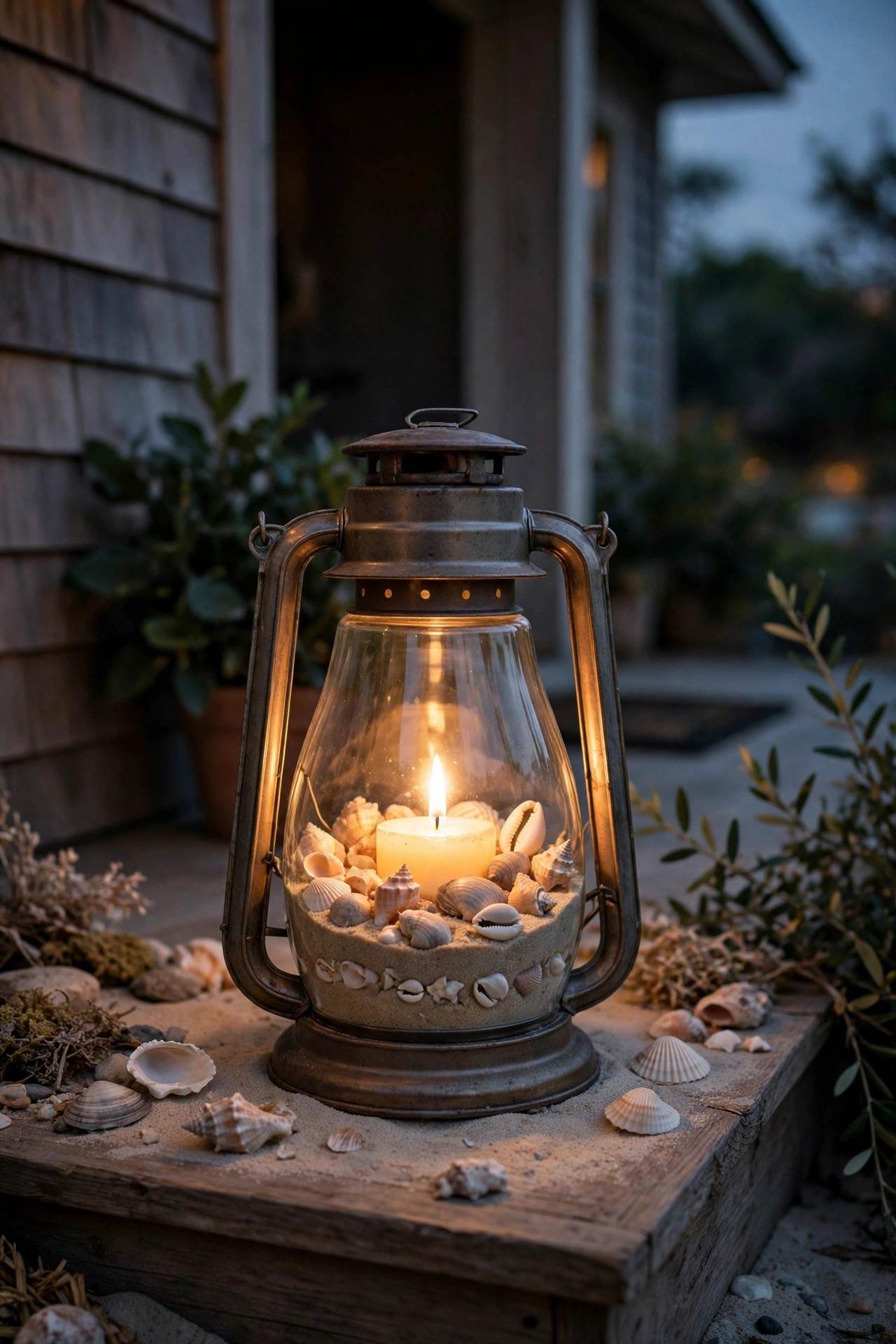 Hurricane lantern with shells and sand layered around the candle inside the glass base