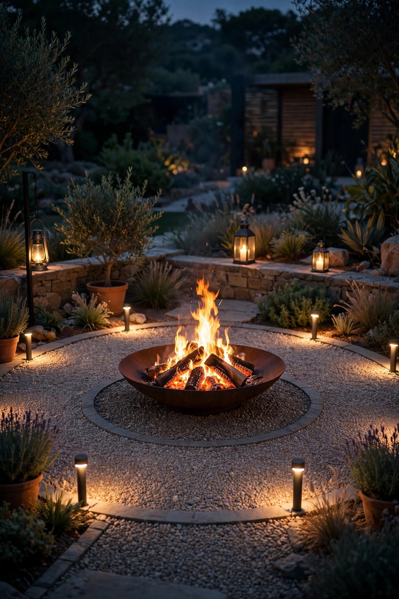 Fire bowl on a gravel terrace ringed by low warm accent lights and lantern glow at night